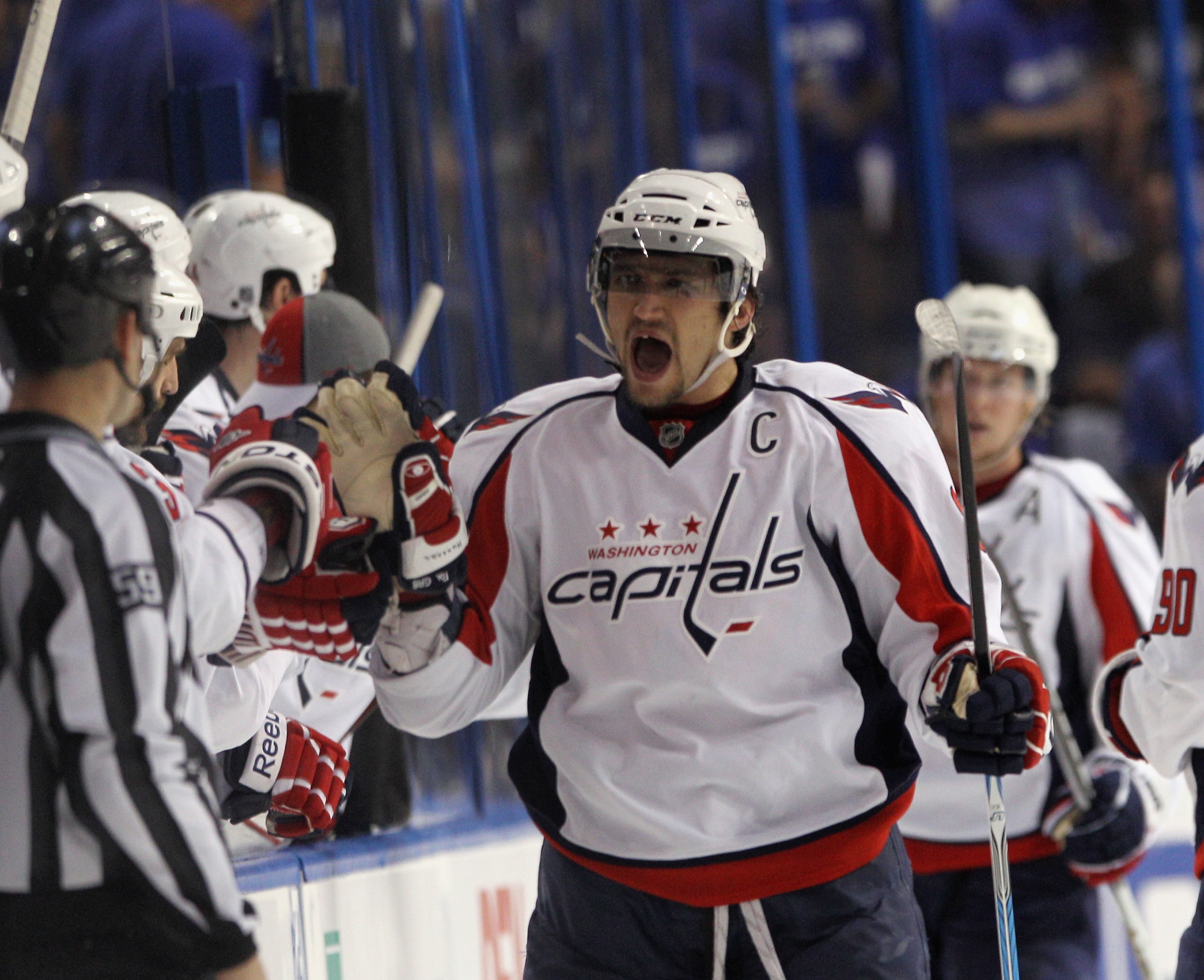 TAMPA, FL - MAY 03: Alex Ovechkin #8 of the Washington Capitals celebrates a goal by Mike Knuble #22 (not shown) at 59 seconds of the second period against the Tampa Bay Lightning in Game Three of the Eastern Conference Semifinals during the 2011 NHL Stan