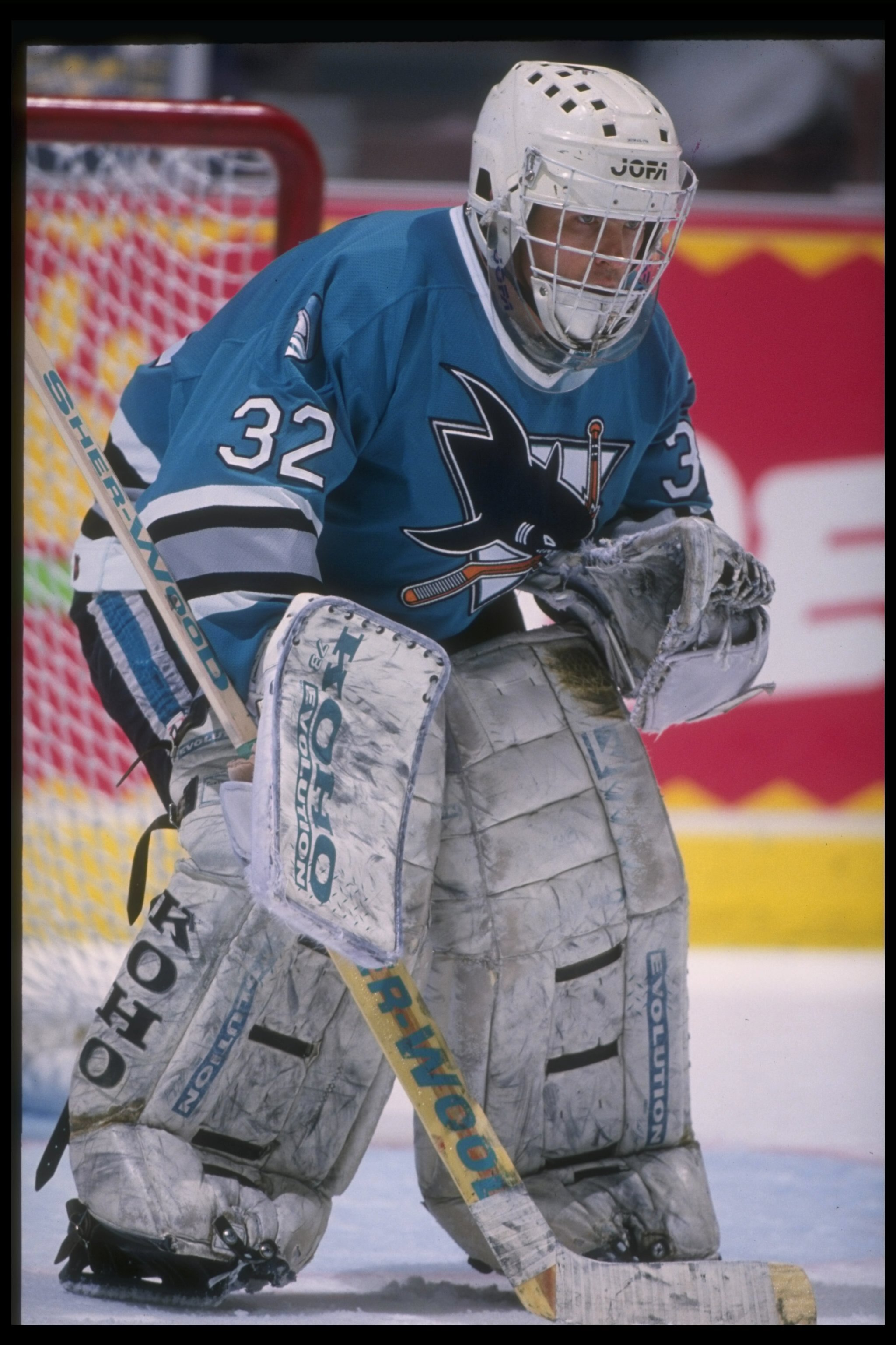 17 Apr 1995: Goaltender Arturs Irbe of the San Jose Sharks looks on during a game against the Anaheim Mighty Ducks at Arrowhead Pond in Anaheim, California. The Ducks won the game, 3-0.