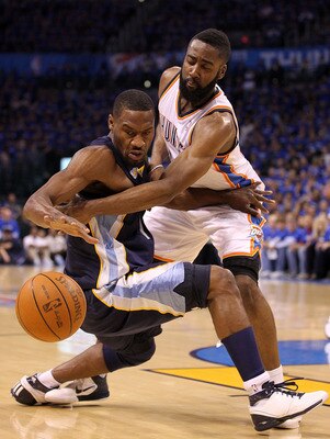 OKLAHOMA CITY, OK - MAY 03:  Guard Tony Allen #9 of the Memphis Grizzlies loses the ball against James Harden #13 of the Oklahoma City Thunder in Game Two of the Western Conference Semifinals in the 2011 NBA Playoffs on May 3, 2011 at Oklahoma City Arena 
