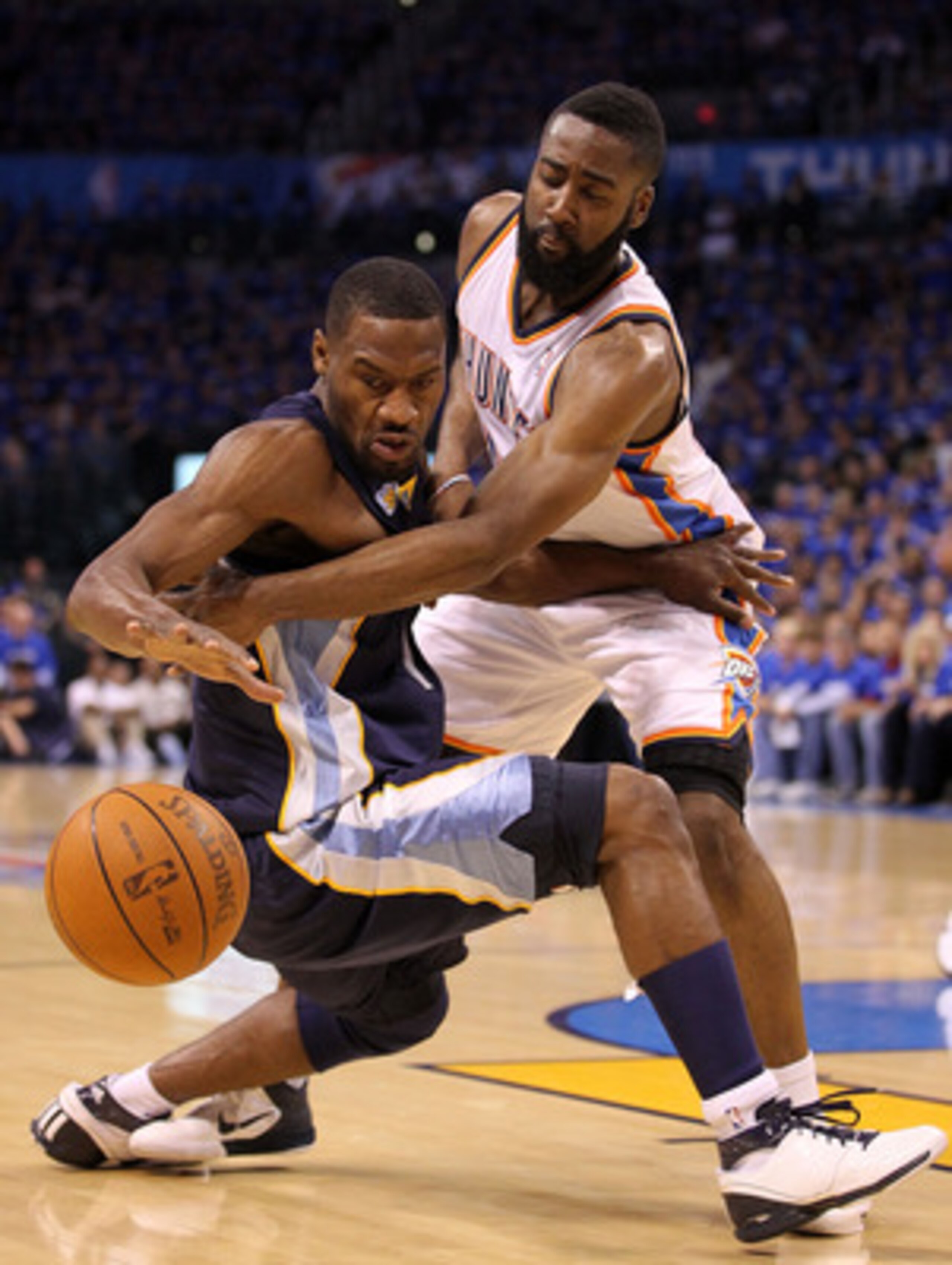OKLAHOMA CITY, OK - MAY 03:  Guard Tony Allen #9 of the Memphis Grizzlies loses the ball against James Harden #13 of the Oklahoma City Thunder in Game Two of the Western Conference Semifinals in the 2011 NBA Playoffs on May 3, 2011 at Oklahoma City Arena 
