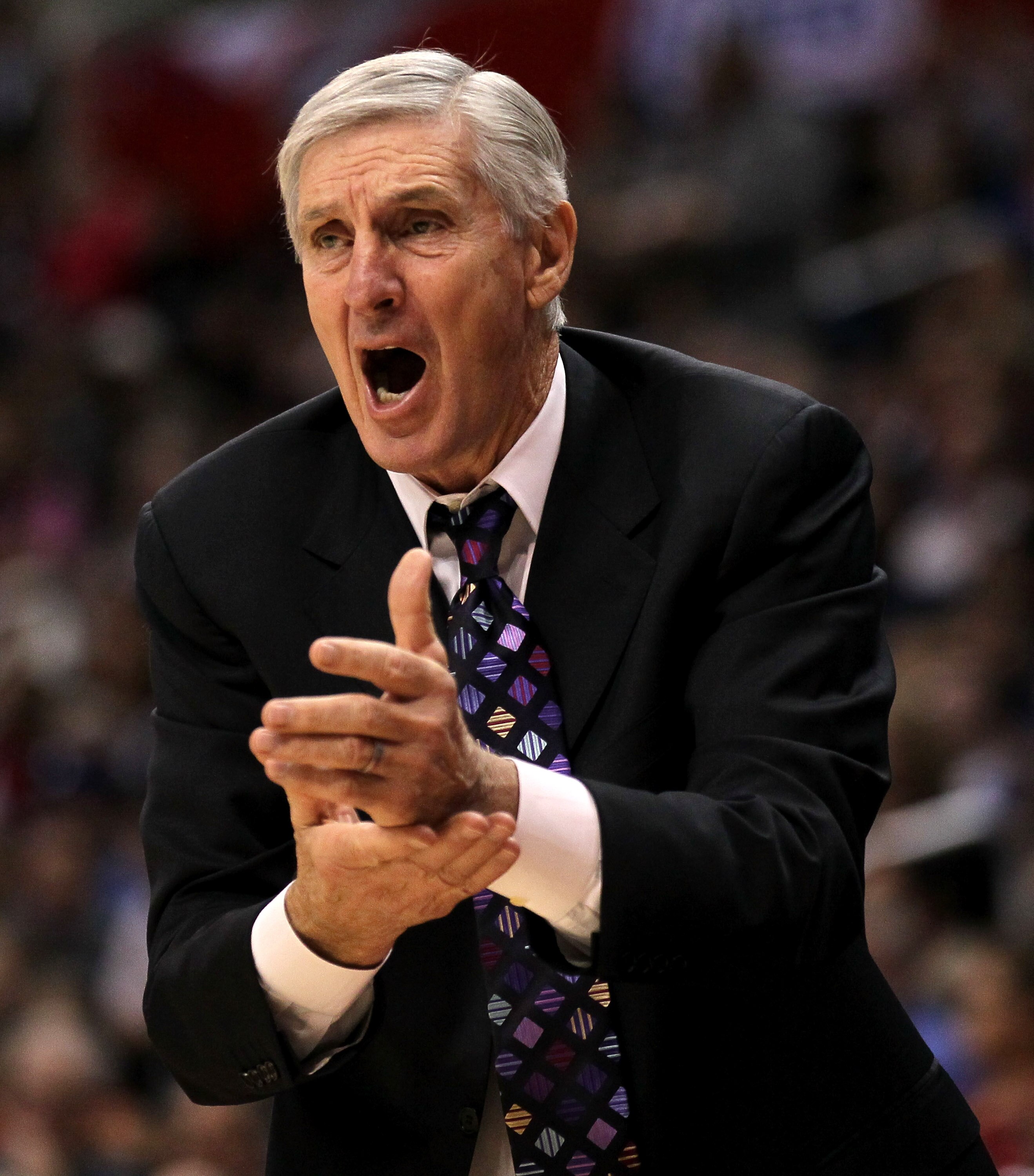 LOS ANGELES, CA - DECEMBER 29:  Head coach Jerry Sloan of the Utah Jazz complains to a referee in the game with the Los Angeles Clippers at Staples Center on December 29, 2010 in Los Angeles, California.   The Jazz won 103-85.  NOTE TO USER: User expressl