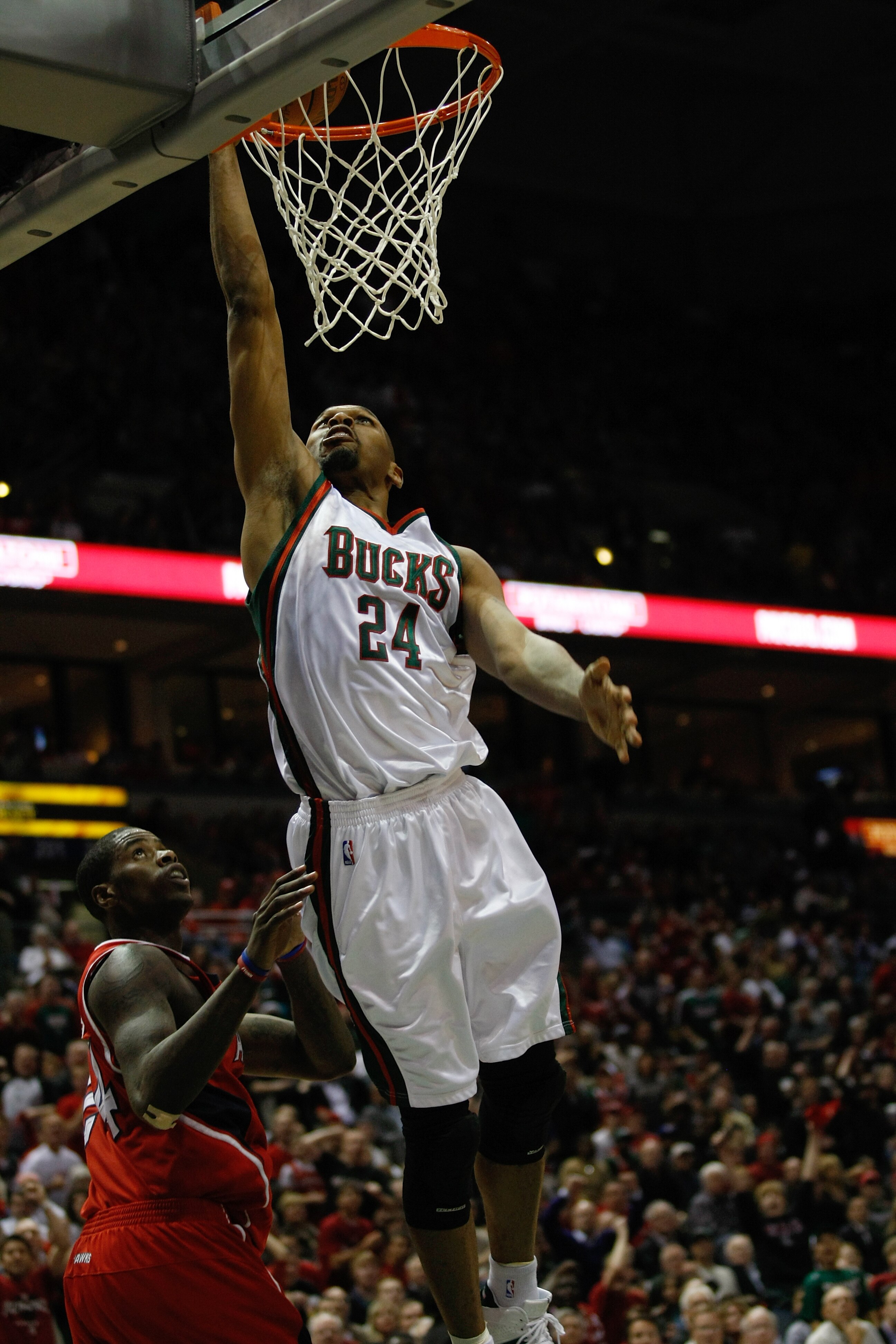 MILWAUKEE, WI - APRIL 24: Jerry Stackhouse #24 of the Milwaukee Bucks dunks the basketball against the Atlanta Hawks during Game Three of Eastern Conference Quarterfinals of the 2010 NBA Playoffs at the Bradley Center on April 24, 2010 in Milwaukee, Wisco