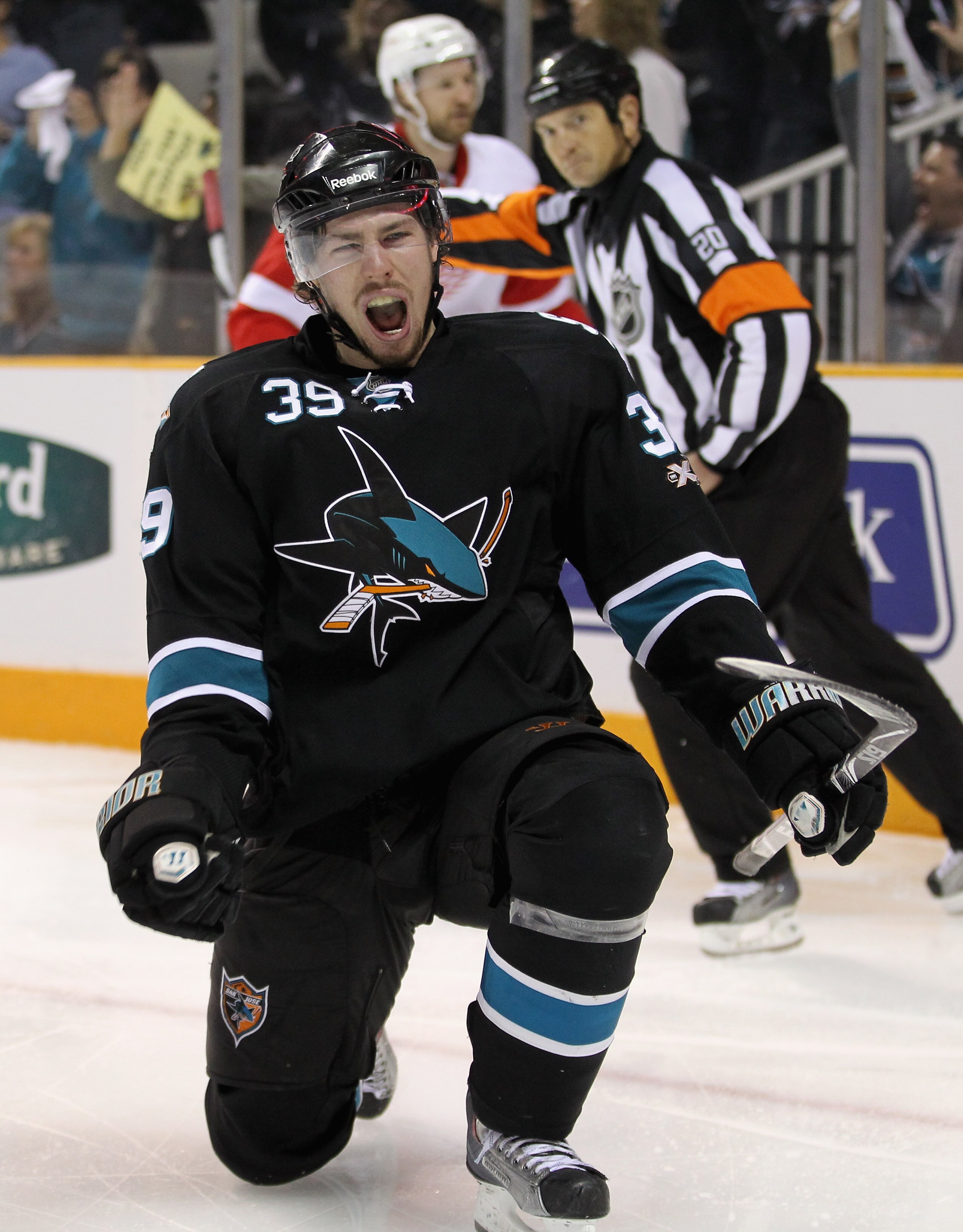SAN JOSE, CA - MAY 08:  Logan Couture #39 of the San Jose Sharks celebrates after he scored a goal to put the Sharks up 3-1 over the Detroit Red Wings in Game Five of the Western Conference Semifinals during the 2011 NHL Stanley Cup Playoffs at HP Pavilio
