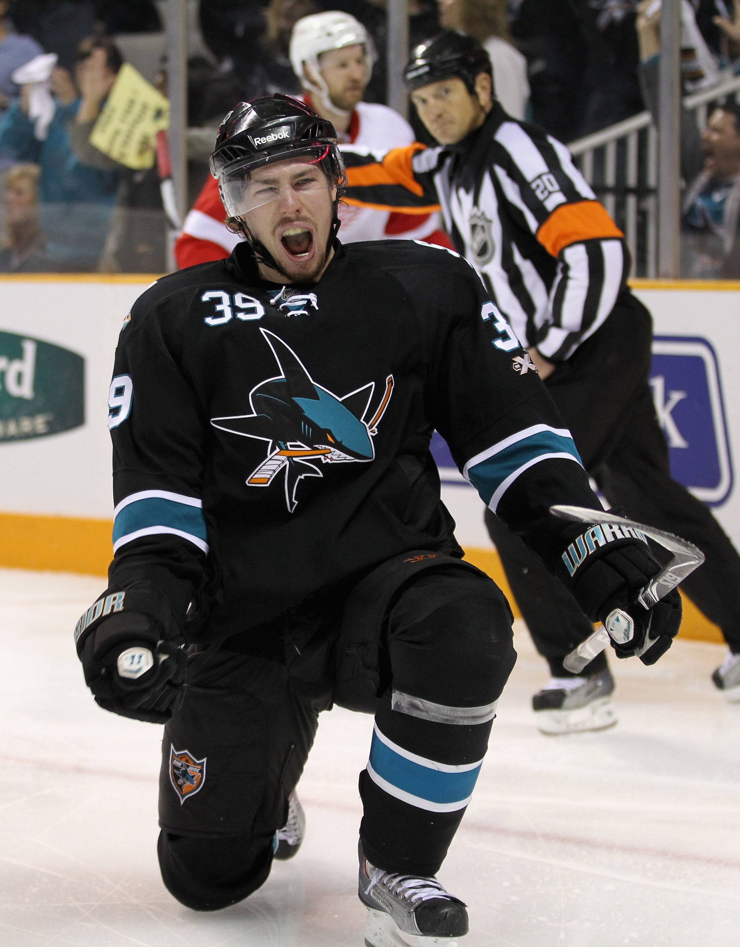 SAN JOSE, CA - MAY 08:  Logan Couture #39 of the San Jose Sharks celebrates after he scored a goal to put the Sharks up 3-1 over the Detroit Red Wings in Game Five of the Western Conference Semifinals during the 2011 NHL Stanley Cup Playoffs at HP Pavilio