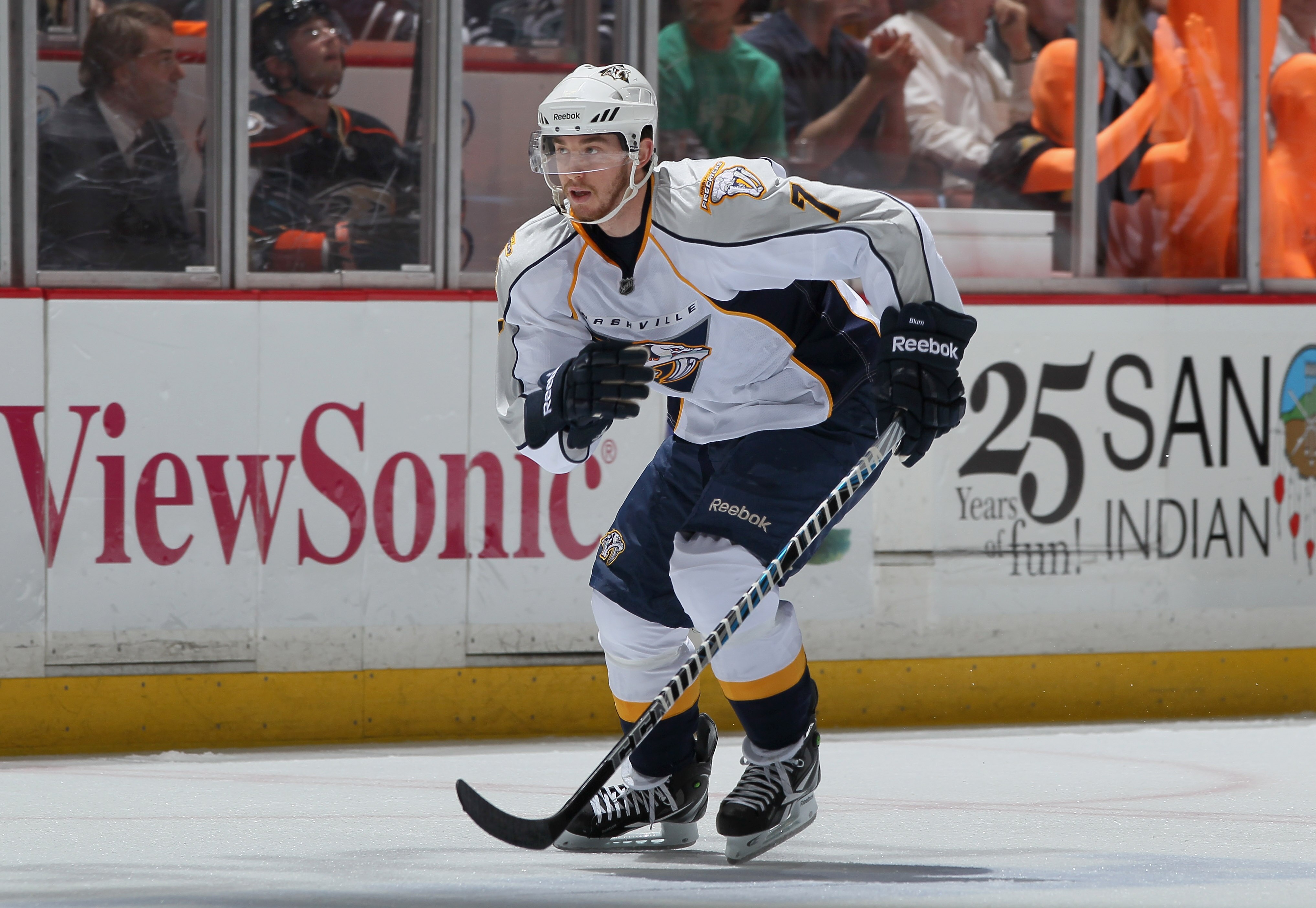 ANAHEIM, CA - APRIL 15:  Jonathon Blum #7 of the Nashville Predators skates against the Anaheim Ducks in Game Two of the Western Conference Quarterfinals during the 2011 NHL Stanley Cup Playoffs at Honda Center on April 15, 2011 in Anaheim, California.  (