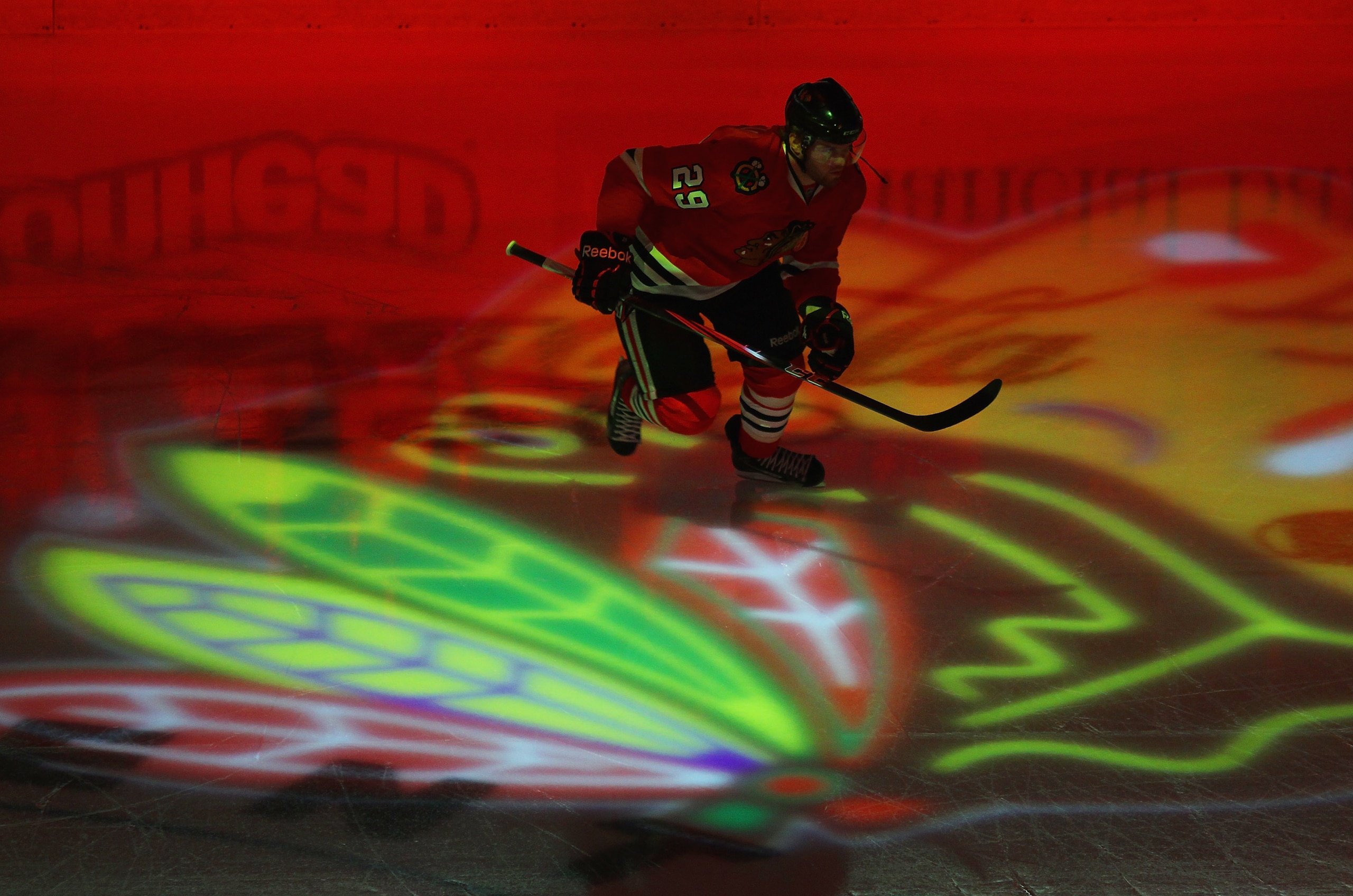 CHICAGO, IL - APRIL 24: Bryan Bickell #29 of the Chicago Blackhawks skates onto the ice before Game Six of the Western Conference Quarterfinals during the 2011 NHL Stanley Cup Playoffs against the Vancouver Canucks at the United Center on April 24, 2011 i