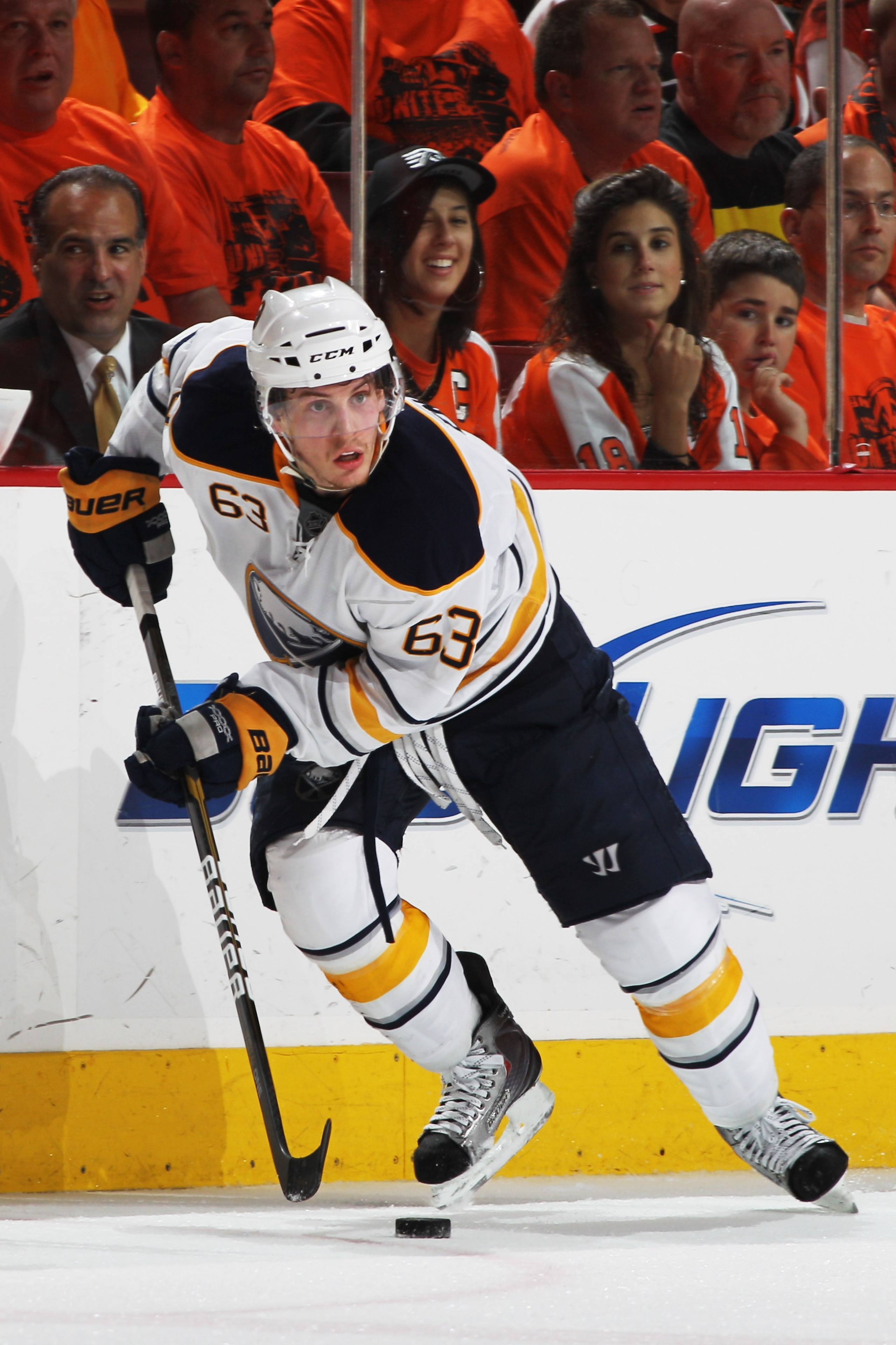 PHILADELPHIA, PA - APRIL 26:  Tyler Ennis #63 of the Buffalo Sabres controls the puck against the Philadelphia Flyers in Game Seven of the Eastern Conference Quarterfinals during the 2011 NHL Stanley Cup Playoffs at Wells Fargo Center on April 26, 2011 in