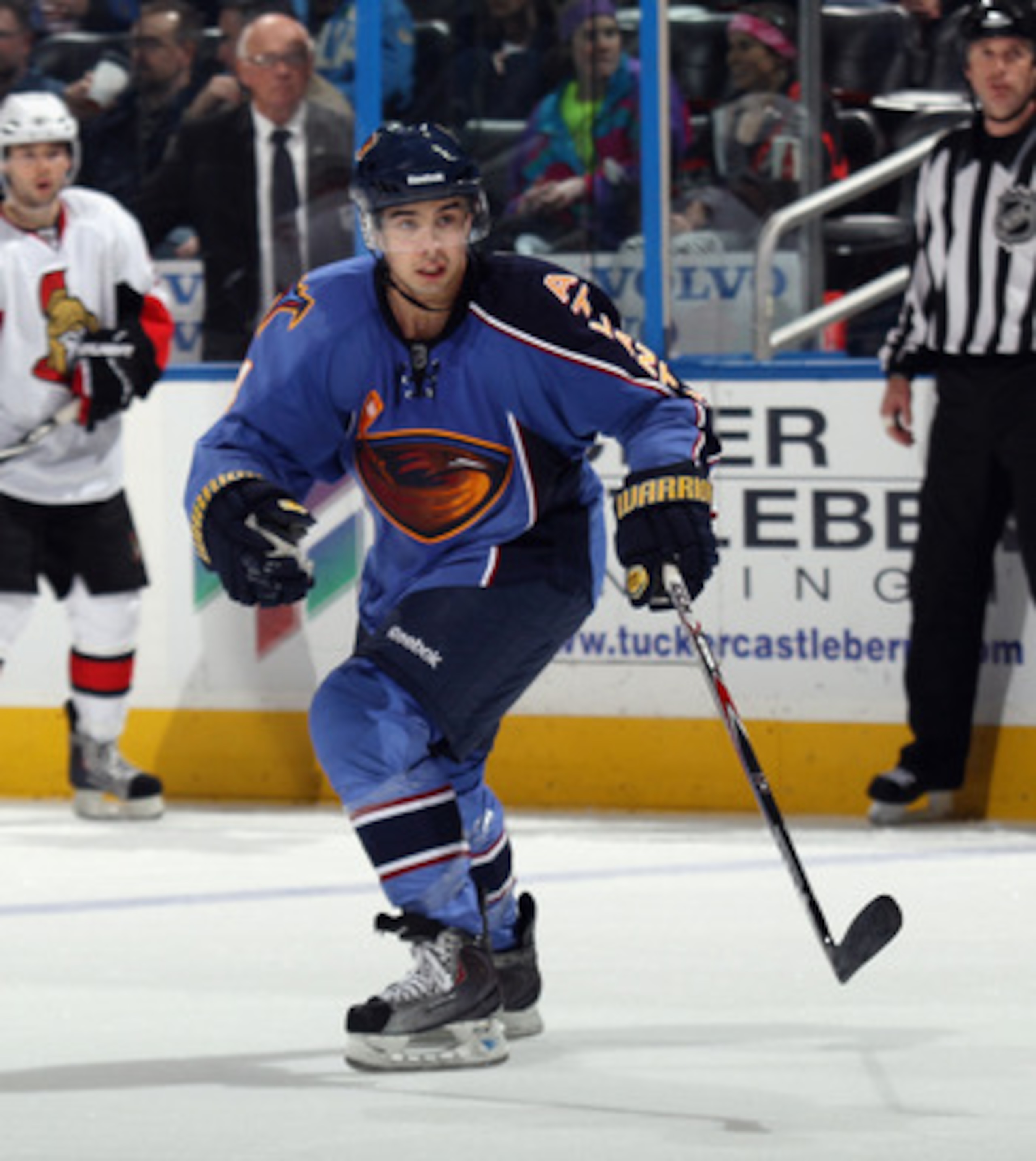 ATLANTA, GA - MARCH 27:  Alex Burmistrov #8 of the Atlanta Thrashers skates against the Ottawa Senators at the Philips Arena on March 27, 2011 in Atlanta, Georgia. The Thrashers defeated the 5-4 in the shoot out.  (Photo by Bruce Bennett/Getty Images)