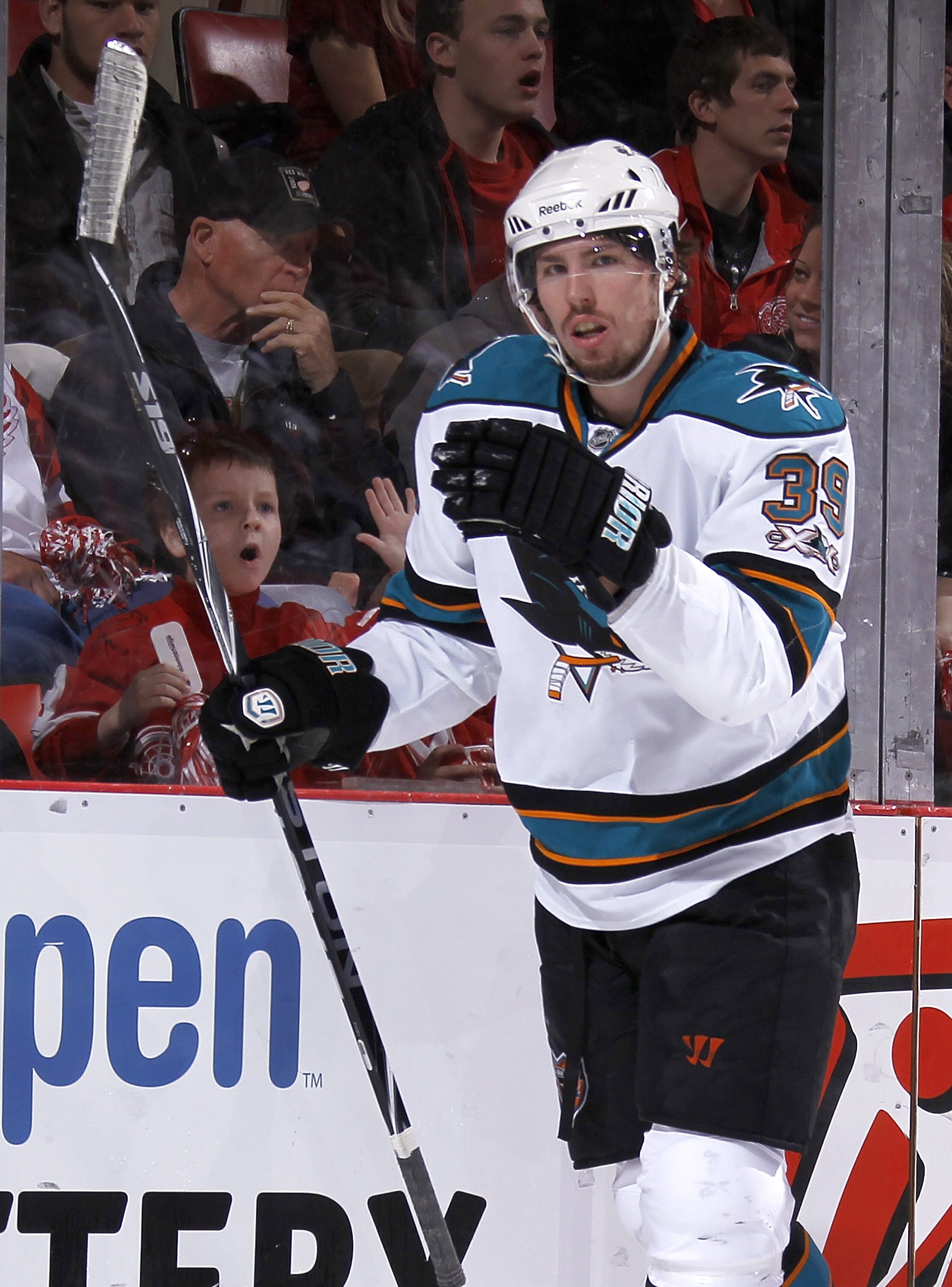 DETROIT - MAY 6: Logan Couture #39 of the San Jose Sharks celebrates a first period goal while playing the Detroit Red Wings in Game Four of the Western Conference Semifinals during the 2011 NHL Stanley Cup Playoffs on May 6, 2011 at Joe Louis Arena in De