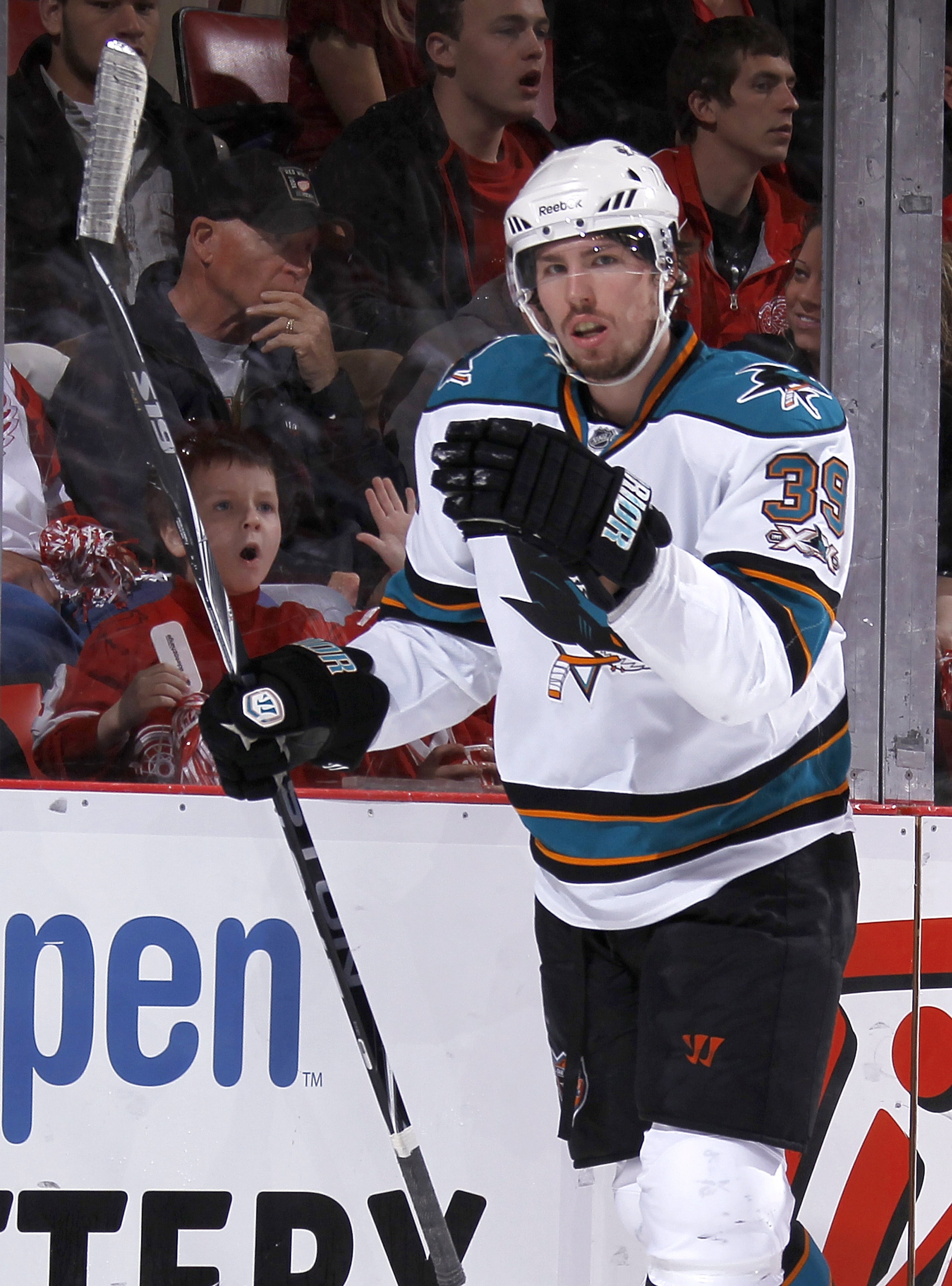 DETROIT - MAY 6: Logan Couture #39 of the San Jose Sharks celebrates a first period goal while playing the Detroit Red Wings in Game Four of the Western Conference Semifinals during the 2011 NHL Stanley Cup Playoffs on May 6, 2011 at Joe Louis Arena in De