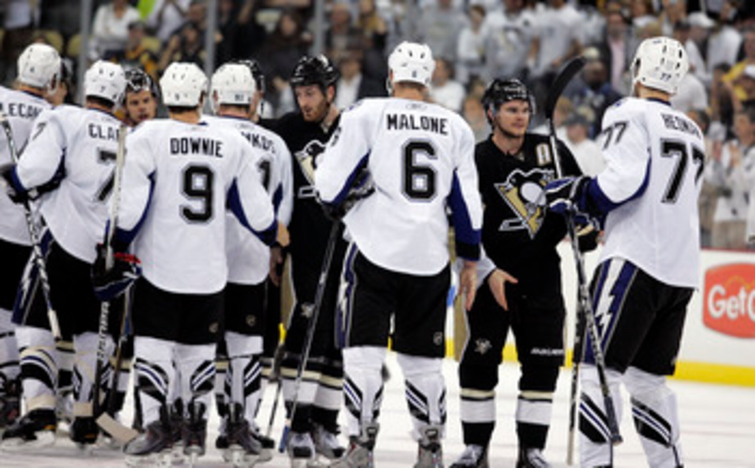 PITTSBURGH, PA - APRIL 27:  The Pittsburgh Penguins and the Tampa Bay Lightning shake hands after Game Seven of the Eastern Conference Quarterfinals during the 2011 NHL Stanley Cup Playoffs at Consol Energy Center on April 27, 2011 in Pittsburgh, Pennsylv