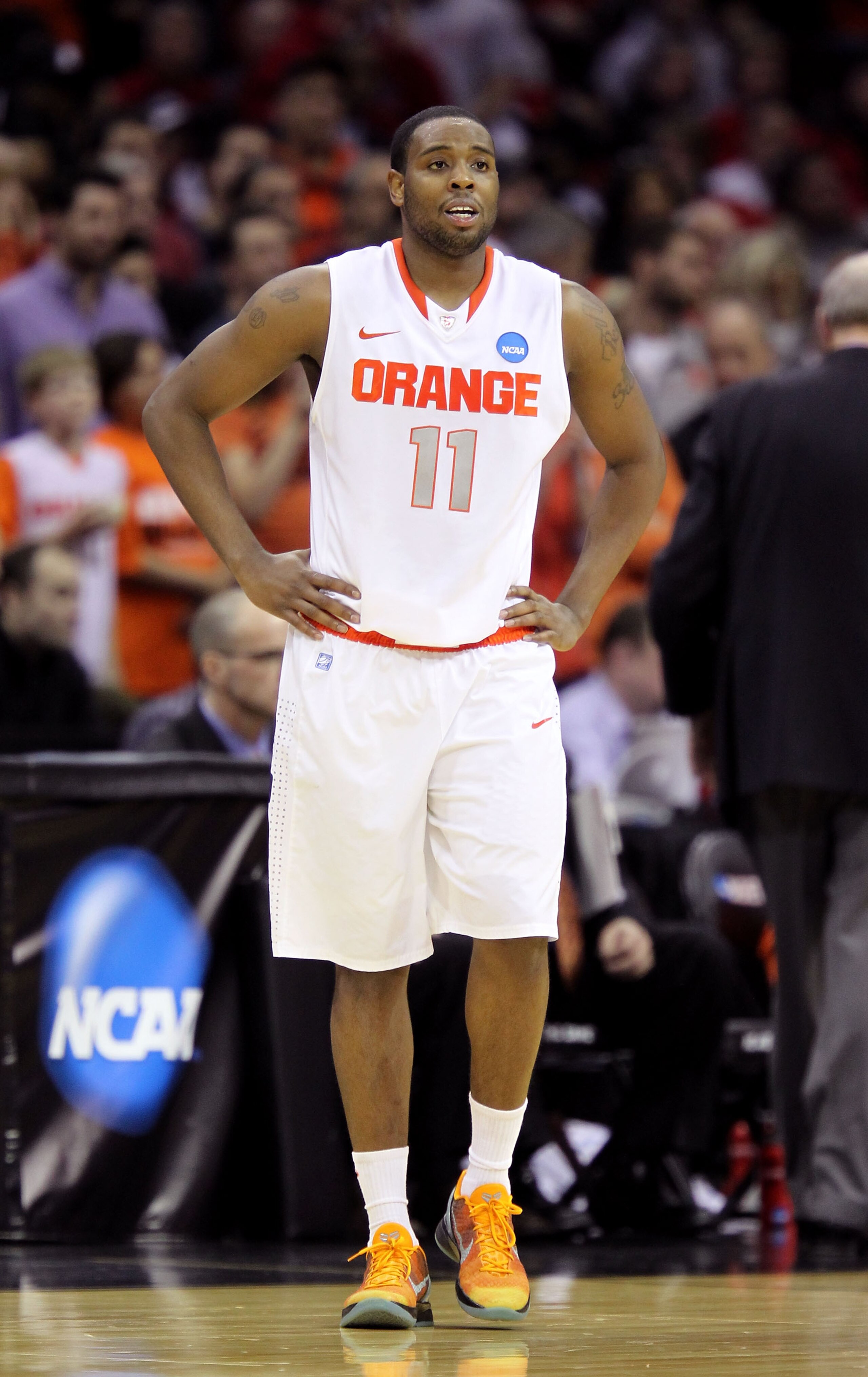 CLEVELAND, OH - MARCH 20:  Scoop Jardine #11 of the Syracuse Orange looks on during the game against the Marquette Golden Eagles during the third of the 2011 NCAA men's basketball tournament at Quicken Loans Arena on March 20, 2011 in Cleveland, Ohio.  (P
