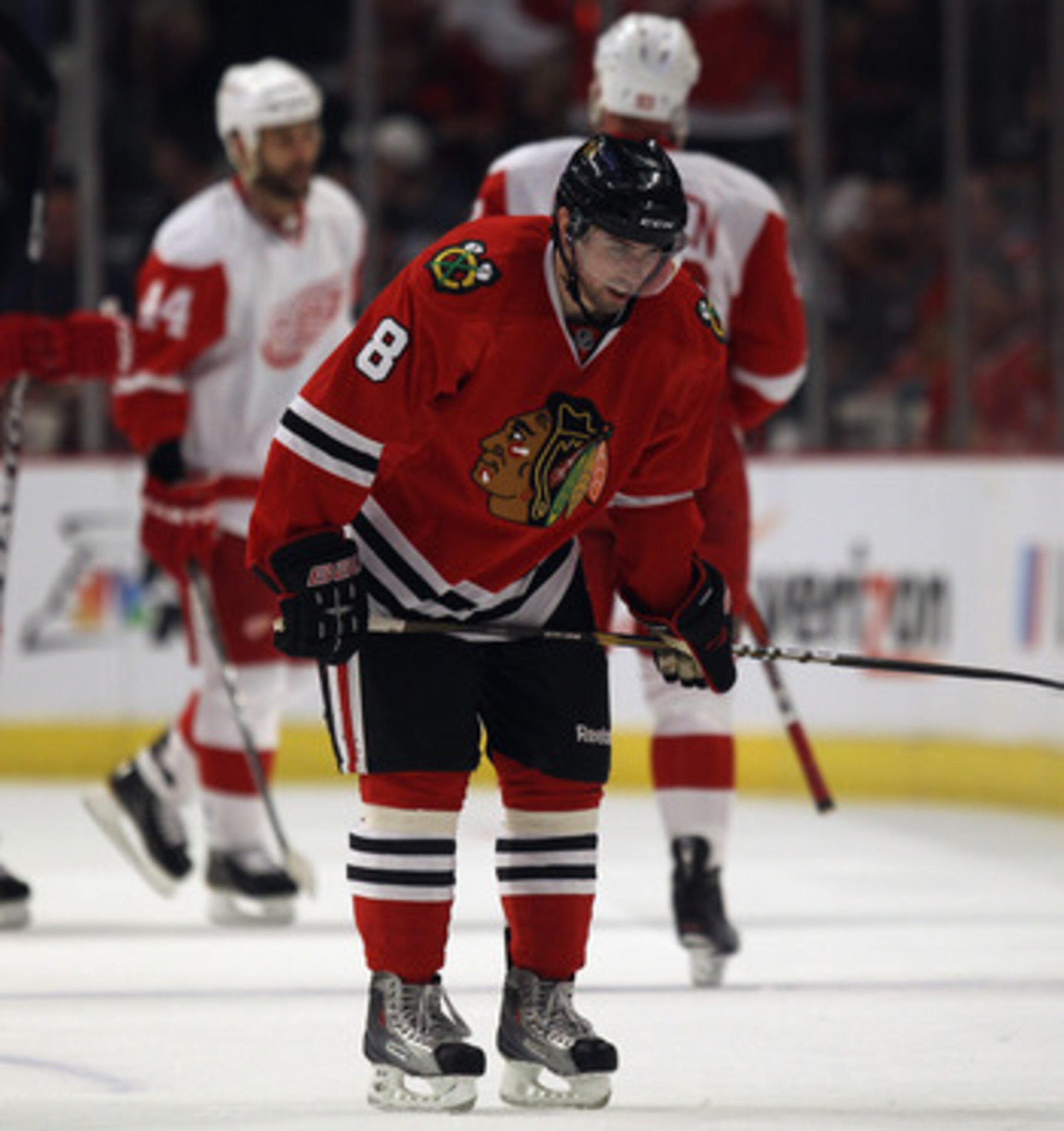 CHICAGO, IL - APRIL 10: Nick Leddy #8 of the Chicago Blackhawks skates to the bench after a 2nd period score by the Detroit Red Wings at the United Center on April 10, 2011 in Chicago, Illinois. The Red Wings defeated the Blackhawks 4-3. (Photo by Jonatha