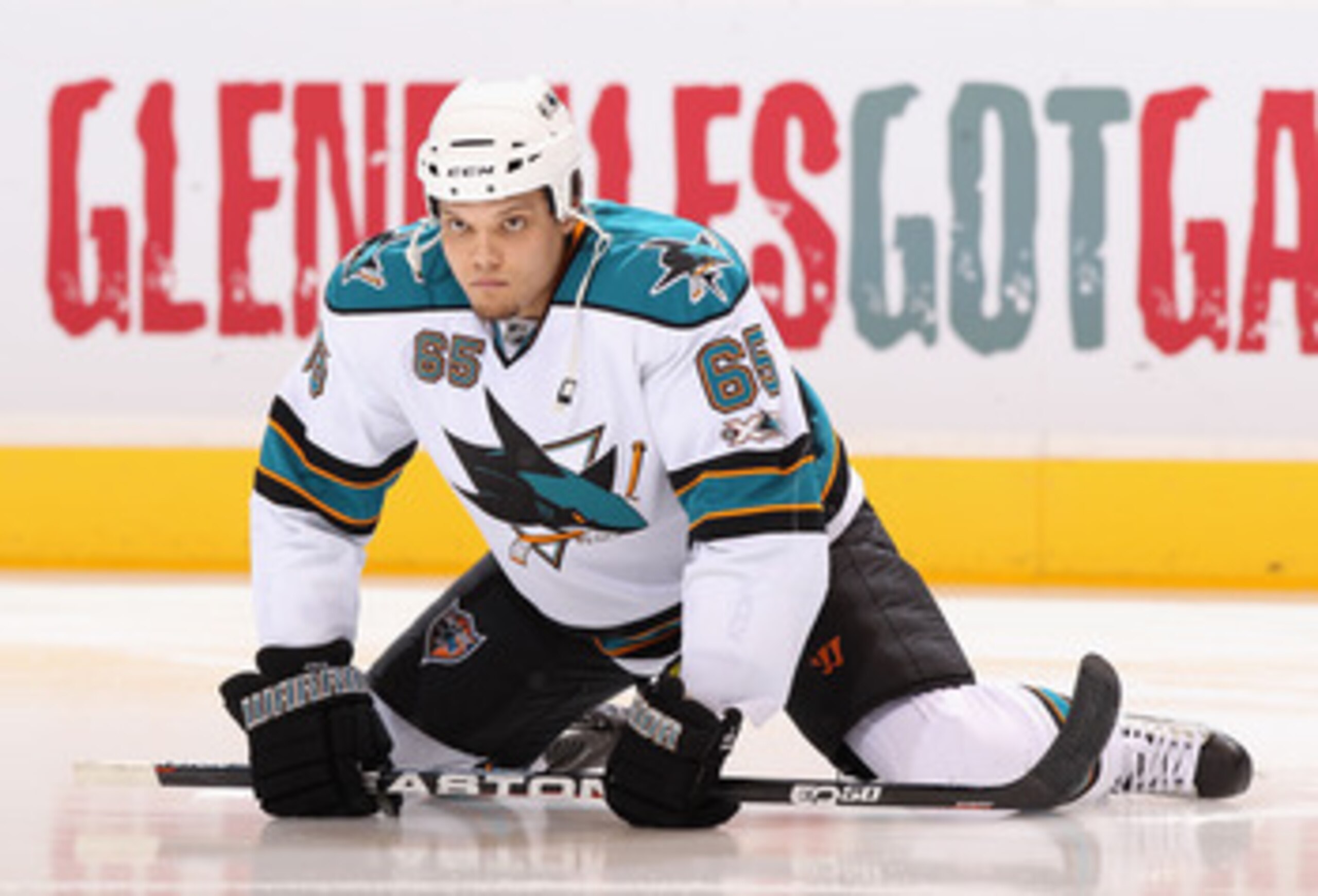 GLENDALE, AZ - JANUARY 17:  Derek Joslin #65 of the San Jose Sharks warms up before before the NHL game against the Phoenix Coyotes at Jobing.com Arena on January 17, 2011 in Glendale, Arizona.  The Sharks defeated the Coyotes 4-2.  (Photo by Christian Pe