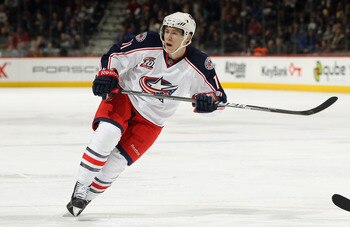DENVER, CO - MARCH 22:  Matt Calvert #11 of the Columbus Blue Jackets skates against the Colorado Avalanche at the Pepsi Center on March 22, 2011 in Denver, Colorado. The Avalanche defeated the Blue Jackets 5-4 in an overtime shootout.  (Photo by Doug Pen
