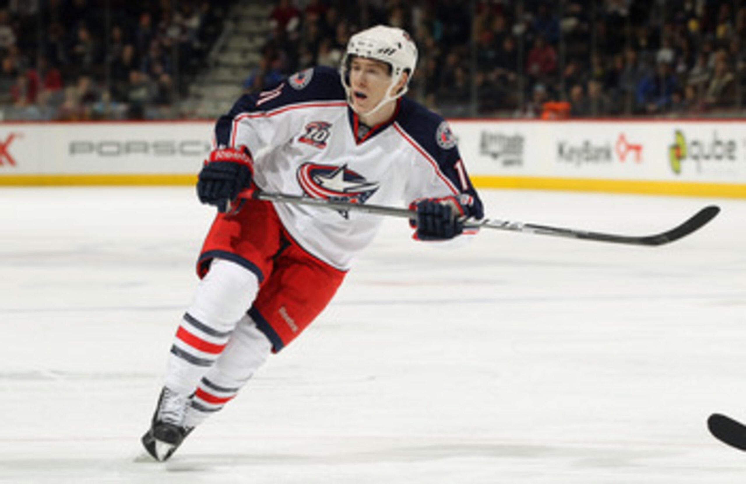 DENVER, CO - MARCH 22:  Matt Calvert #11 of the Columbus Blue Jackets skates against the Colorado Avalanche at the Pepsi Center on March 22, 2011 in Denver, Colorado. The Avalanche defeated the Blue Jackets 5-4 in an overtime shootout.  (Photo by Doug Pen