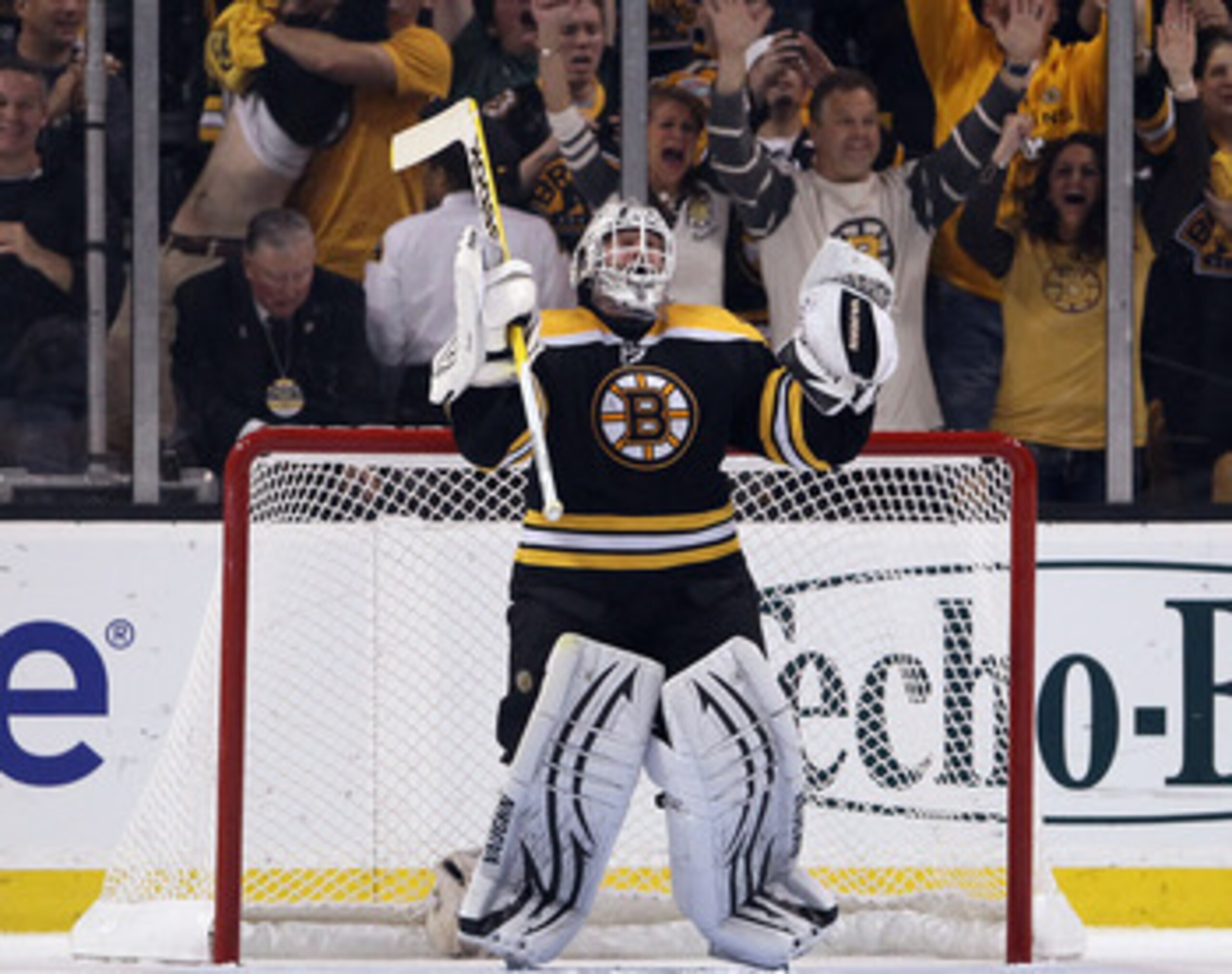 BOSTON, MA - MAY 06: Tim Thomas #30 of the Boston Bruins celebrates after Game Four of the Eastern Conference Semifinals during the 2011 NHL Stanley Cup Playoffs at TD Garden on May 6, 2011 in Boston, Massachusetts. The Boston Bruins defeated the Philade BOSTON, MA - MAY 06: Tim Thomas #30 of the Boston Bruins celebrates after Game Four of the Eastern Conference Semifinals during the 2011 NHL Stanley Cup Playoffs at TD Garden on May 6, 2011 in Boston, Massachusetts. The Boston Bruins defeated the Philade