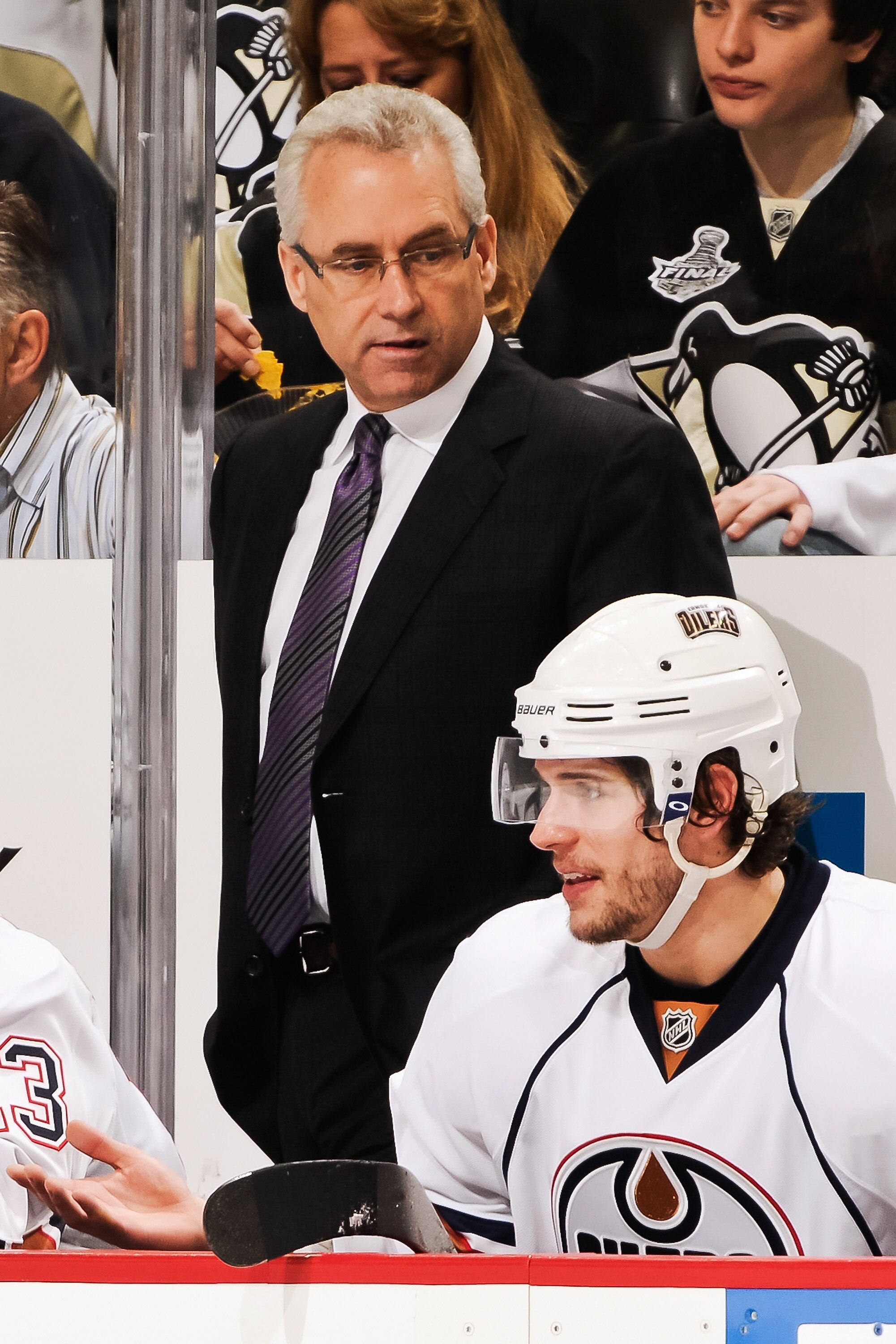PITTSBURGH, PA - MARCH 13:  Head Coach Tom Renney of the Edmonton Oilers watches his team play the Pittsburgh Penguins on March 13, 2011 at CONSOL Energy Center in Pittsburgh, Pennsylvania.  (Photo by Jamie Sabau/Getty Images)