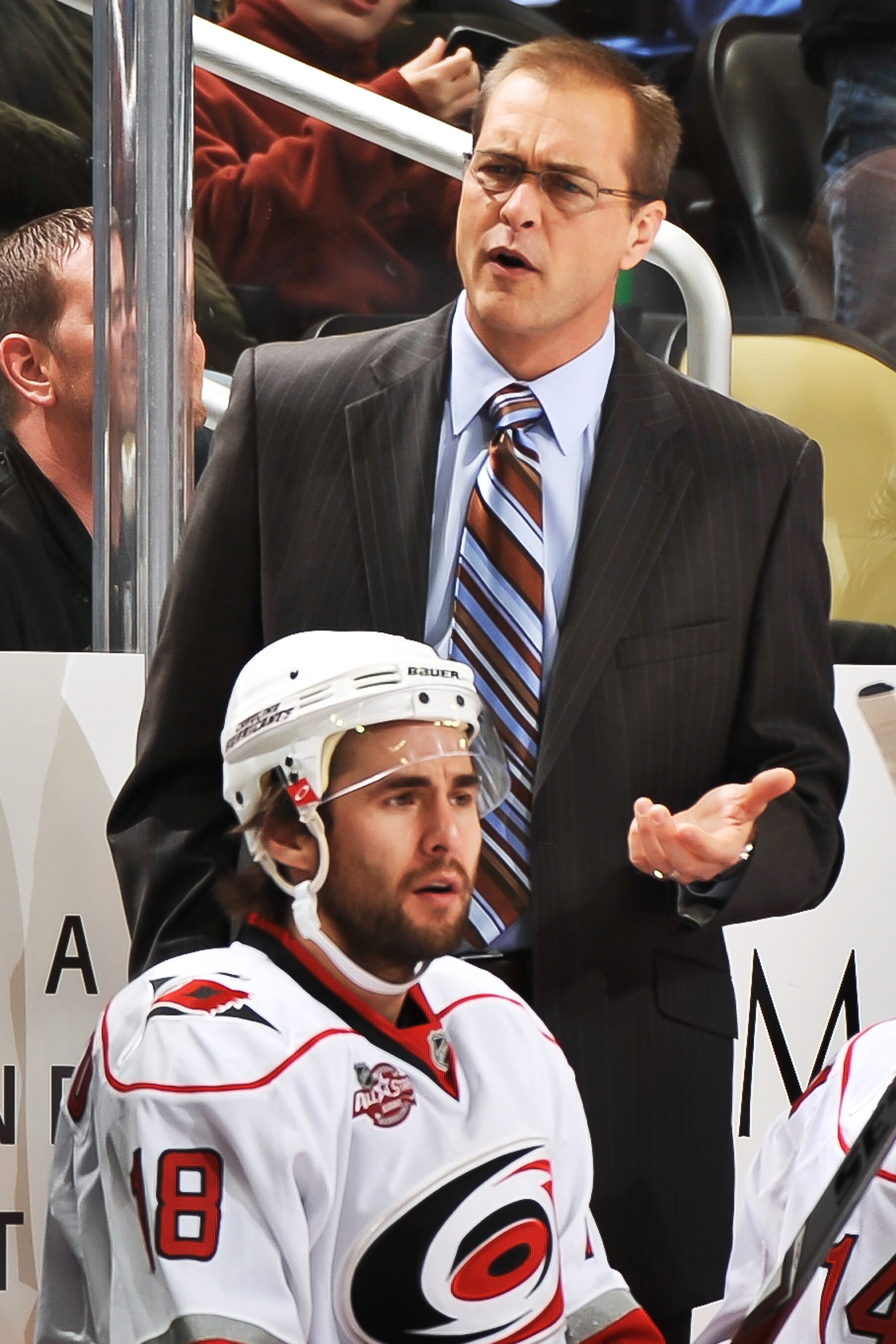 PITTSBURGH - NOVEMBER 19:  Head Coach Paul Maurice of the Carolina Hurricanes watches his team play the Pittsburgh Penguins on November 19, 2010 at Consol Energy Center in Pittsburgh, Pennsylvania.  (Photo by Jamie Sabau/Getty Images)