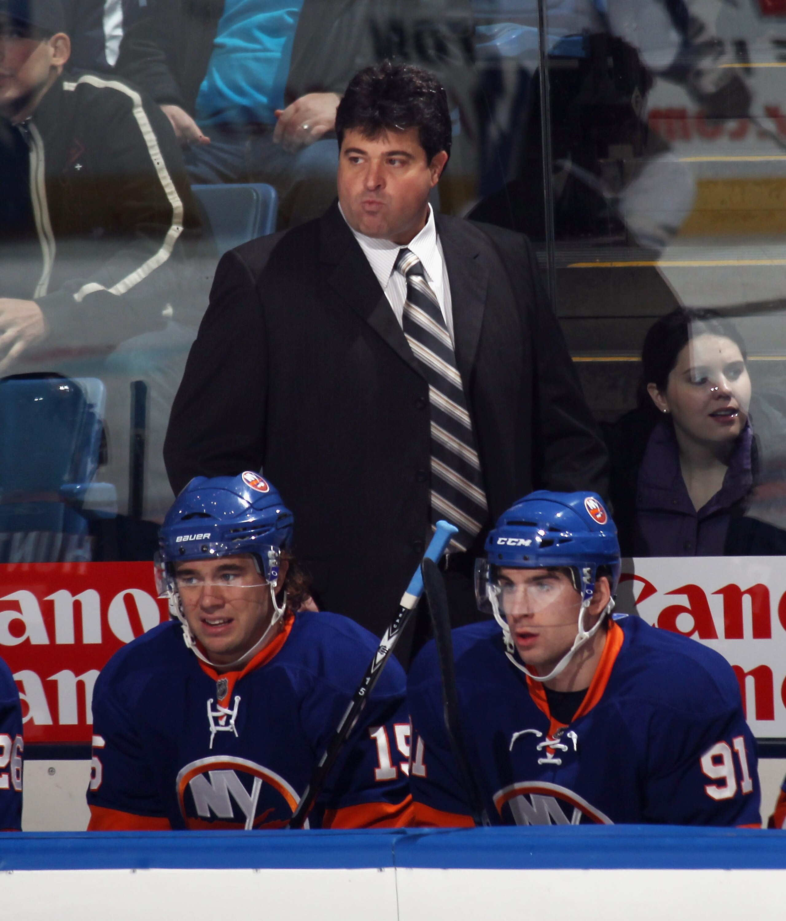 UNIONDALE, NY - NOVEMBER 17: Head coach Jack Capuano of the New York Islanders works the bench during his first NHL game against the Tampa Bay Lightning at the Nassau Coliseum on November 17, 2010 in Uniondale, New York. (Photo by Bruce Bennett/Getty Imag UNIONDALE, NY - NOVEMBER 17: Head coach Jack Capuano of the New York Islanders works the bench during his first NHL game against the Tampa Bay Lightning at the Nassau Coliseum on November 17, 2010 in Uniondale, New York. (Photo by Bruce Bennett/Getty Imag