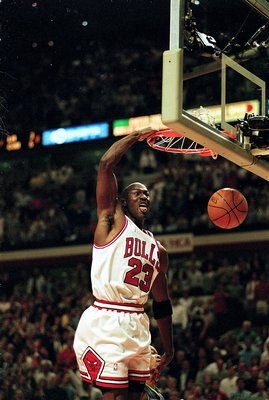 19 May 1998: Michael Jordan #23 of the Chicago Bulls dunks the ball during a Eastern Conference Finals game against the Indiana Pacers at the United Center in Chicago, Illinois. The Bulls defeated the Pacers 104- 98.