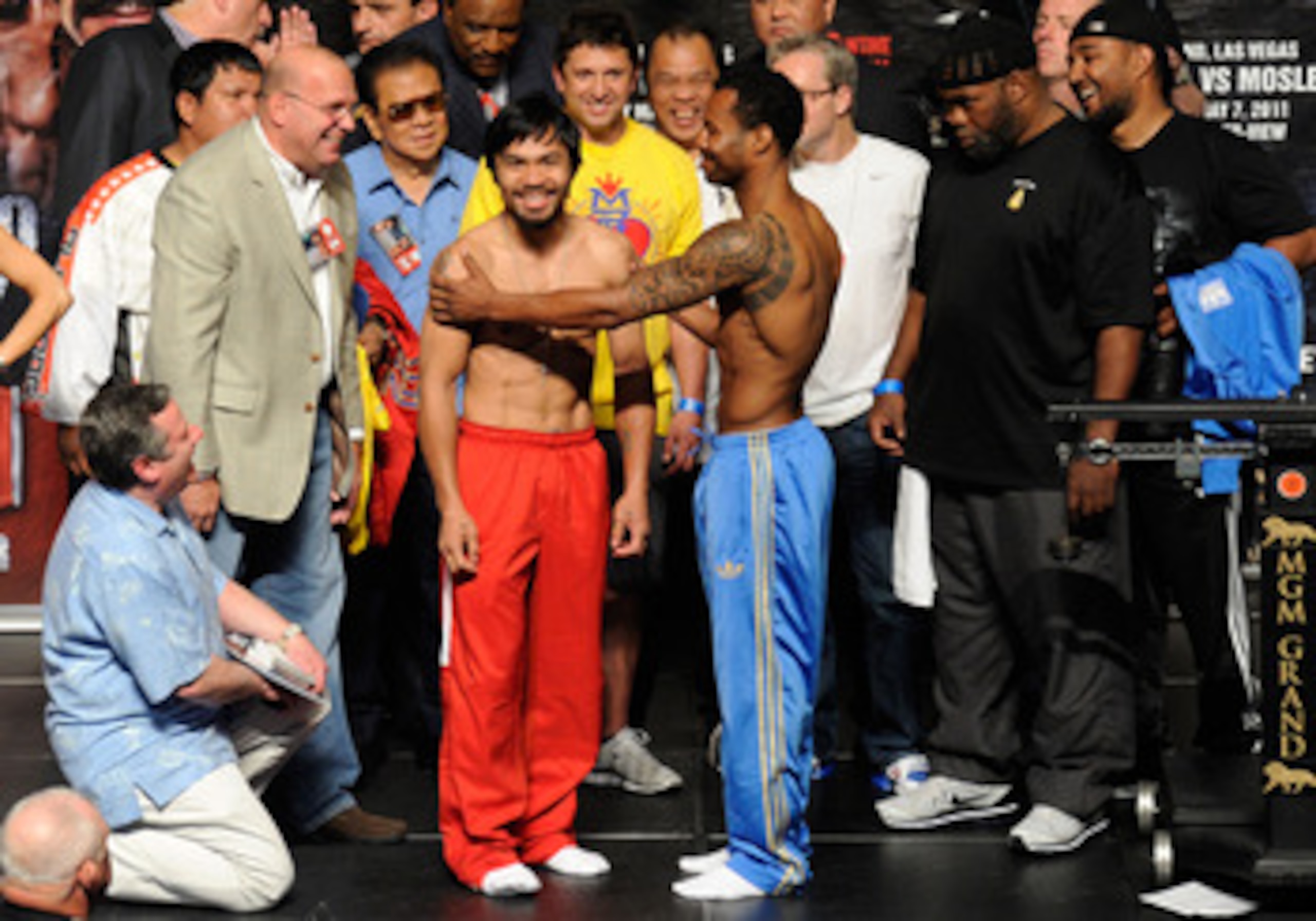 LAS VEGAS, NV - MAY 06:  (L-R) Boxers Manny Pacquiao of the Philippines and Shane Mosley greet each other after the weigh-in for their WBO welterweight title fight at MGM Grand Garden Arena on May 6, 2011 in Las Vegas, Nevada. Pacquiao will defend his WBO