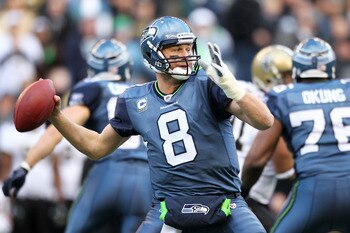 SEATTLE, WA - JANUARY 08:  Matt Hasselbeck #8 of the Seattle Seahawks scrambles against the New Orleans Saints during the 2011 NFC wild-card playoff game at Qwest Field on January 8, 2011 in Seattle, Washington.  (Photo by Otto Greule Jr/Getty Images)