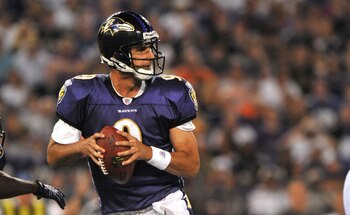 BALTIMORE - AUGUST 28:  Marc Bulger #9 of the Baltimore Ravens passes against the New York Giants in a preseason game at M&T Bank Stadium on August 28, 2010 in Baltimore, Maryland. The Ravens defeated the Giants 24-10. (Photo by Larry French/Getty Images)