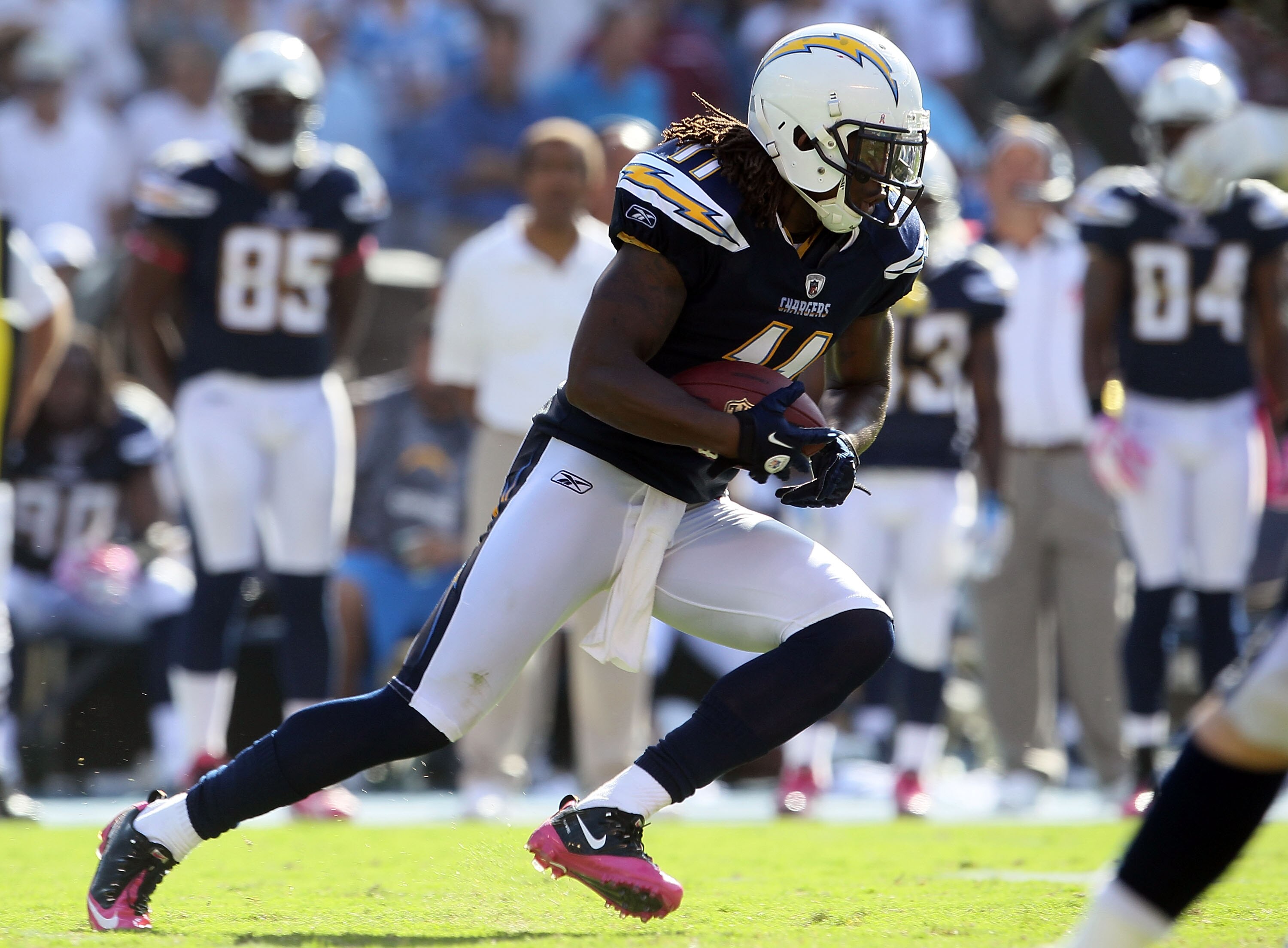 SAN DIEGO - OCTOBER 03:  Legedu Naanee # 11 of the San Diego Chargers carries the ball against the Arizona Cardinals during the game at Qualcomm Stadium on October 3, 2010 in San Diego, California.  (Photo by Jeff Gross/Getty Images)