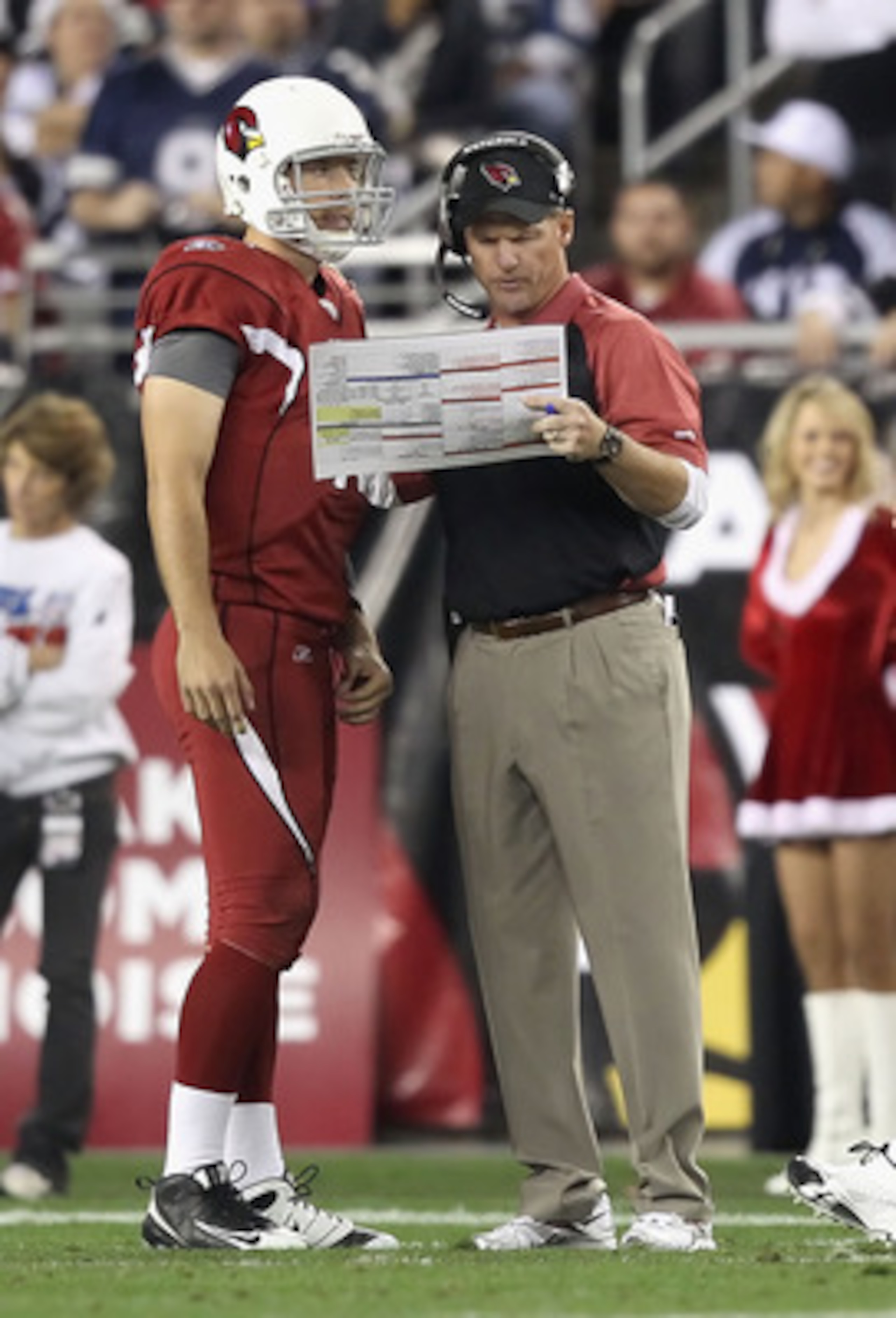 GLENDALE, AZ - DECEMBER 25:  Head coach Ken Whisenhunt of the Arizona Cardinals talks with quarterback John Skelton #19 during the NFL game against the Dallas Cowboys at the University of Phoenix Stadium on December 25, 2010 in Glendale, Arizona. The Card