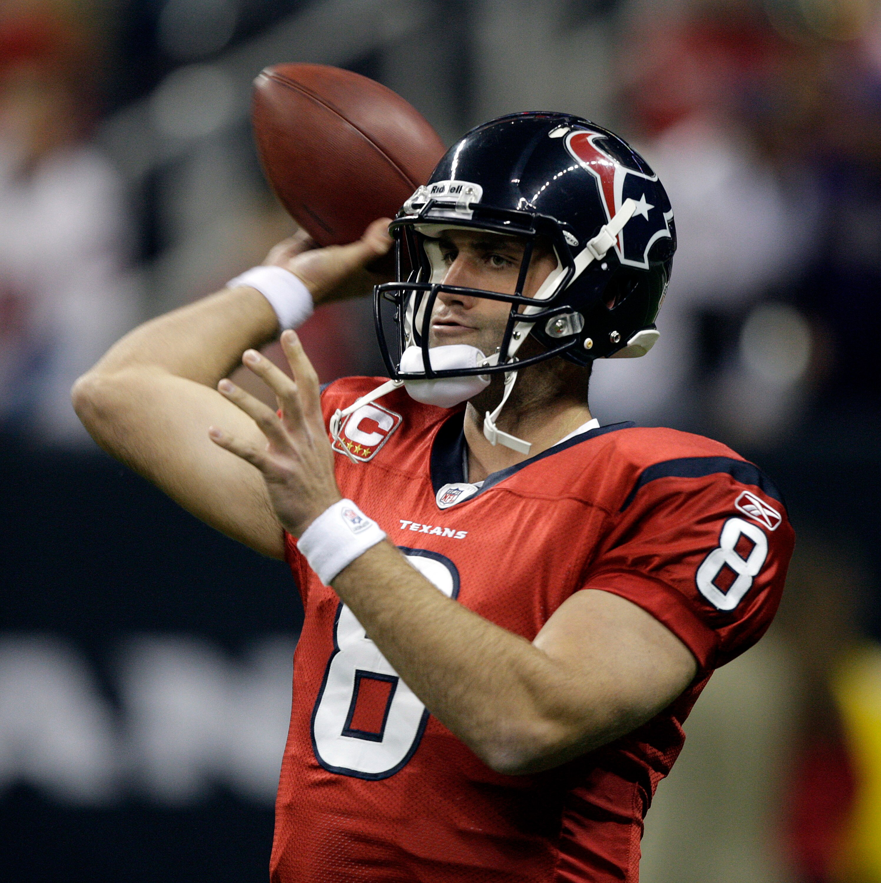 HOUSTON, TX - DECEMBER 13:  Quarterback Matt Schaub #8 of the Houston Texans during warm ups before playing the Baltimore Ravens at Reliant Stadium on December 13, 2010 in Houston, Texas.  (Photo by Bob Levey/Getty Images)