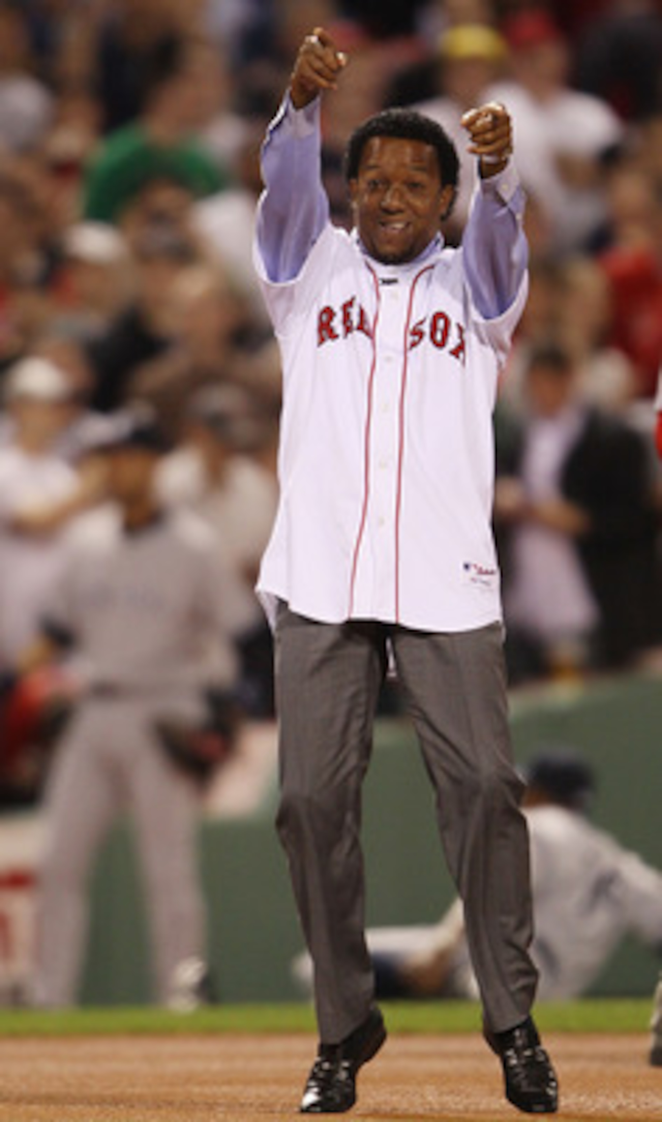 BOSTON - APRIL 04:  Former the Boston Red Sox pitcher Pedro Martinez greets the fans before the game against the New York Yankees on April 4, 2010 during Opening Night at Fenway Park in Boston, Massachusetts.  (Photo by Elsa/Getty Images)