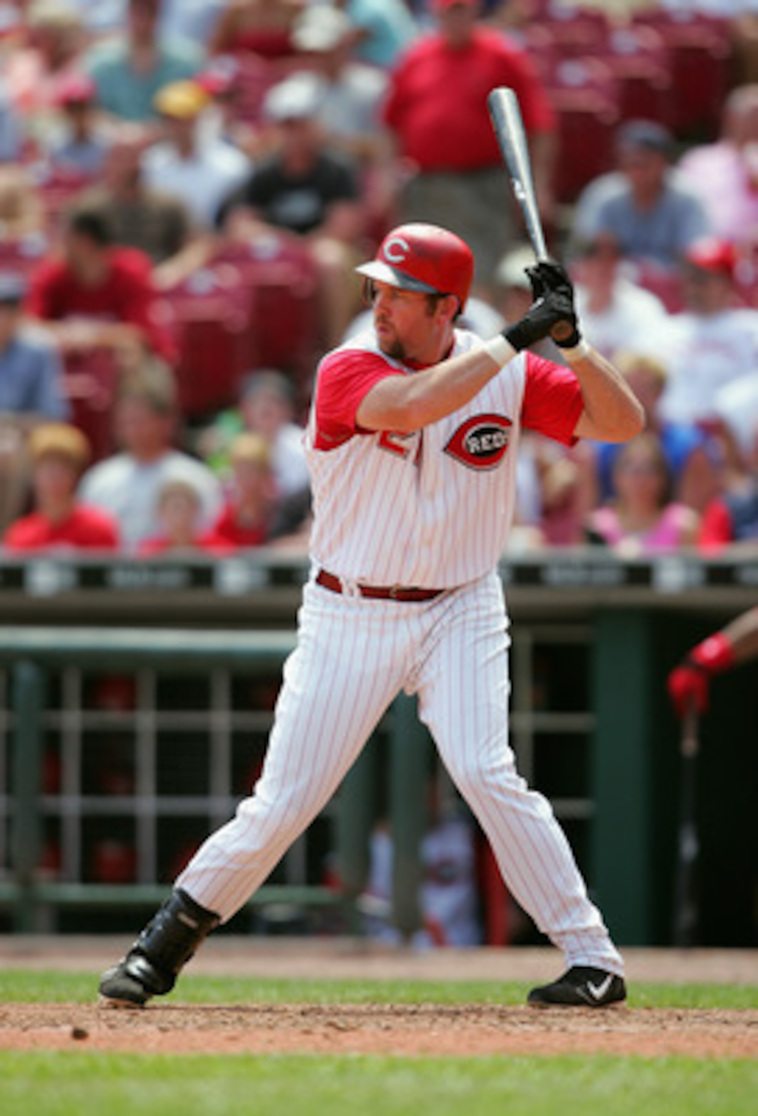 CINCINNATI, OH - JULY 21: Infielder Sean Casey #21 of the Cincinnati Reds waits for a Chicago Cubs pitch during the game on July 21, 2005 at Great American Ballpark in Cincinnati, Ohio. The Reds won 9-6. (Photo by Andy Lyons/Getty Images) CINCINNATI, OH - JULY 21: Infielder Sean Casey #21 of the Cincinnati Reds waits for a Chicago Cubs pitch during the game on July 21, 2005 at Great American Ballpark in Cincinnati, Ohio. The Reds won 9-6. (Photo by Andy Lyons/Getty Images)