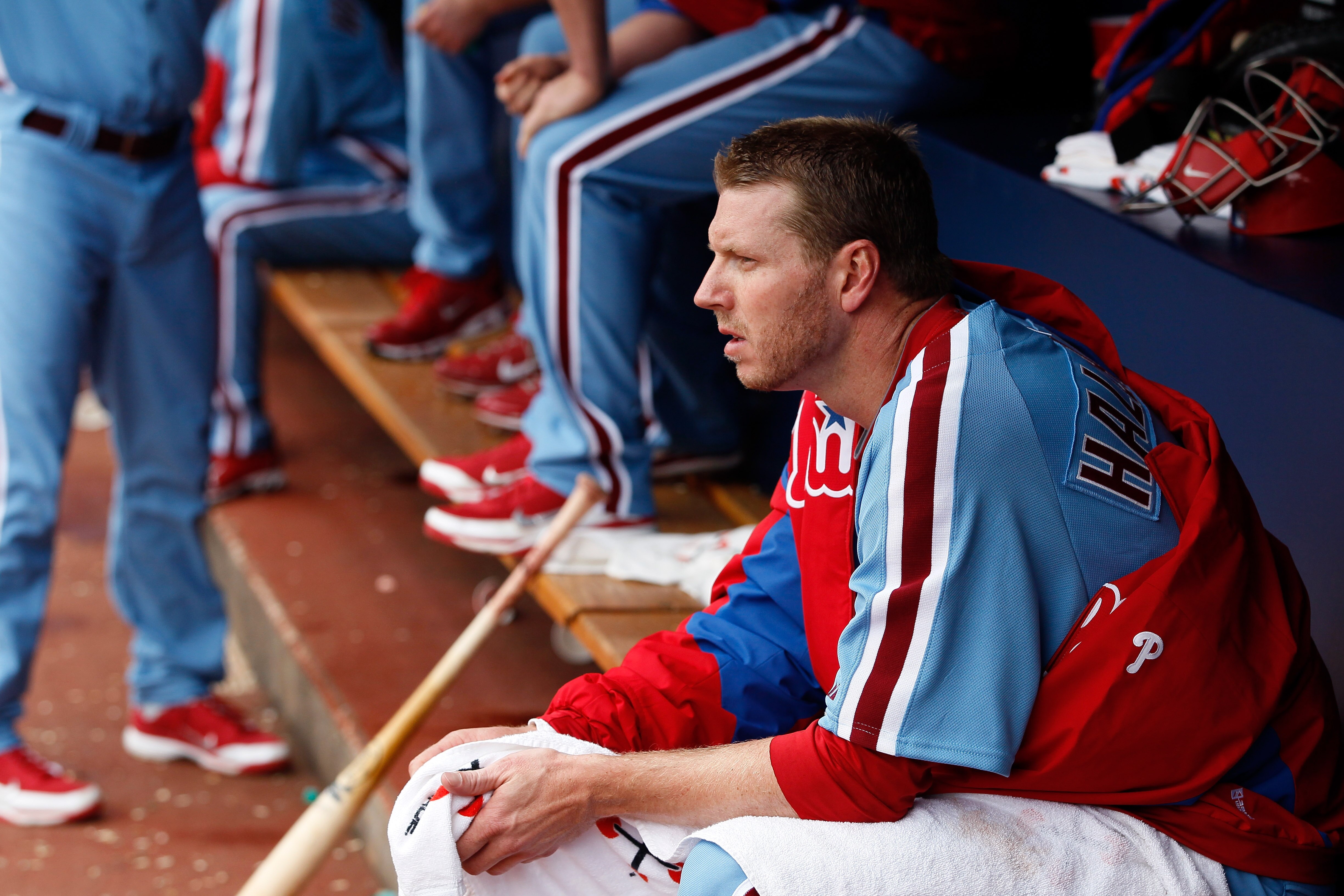 ATLANTA, GA - MAY 15:  Roy Halladay #34 of the Philadelphia Phillies sits in the dugout between innings against the Atlanta Braves at Turner Field on May 15, 2011 in Atlanta, Georgia.  (Photo by Kevin C. Cox/Getty Images)