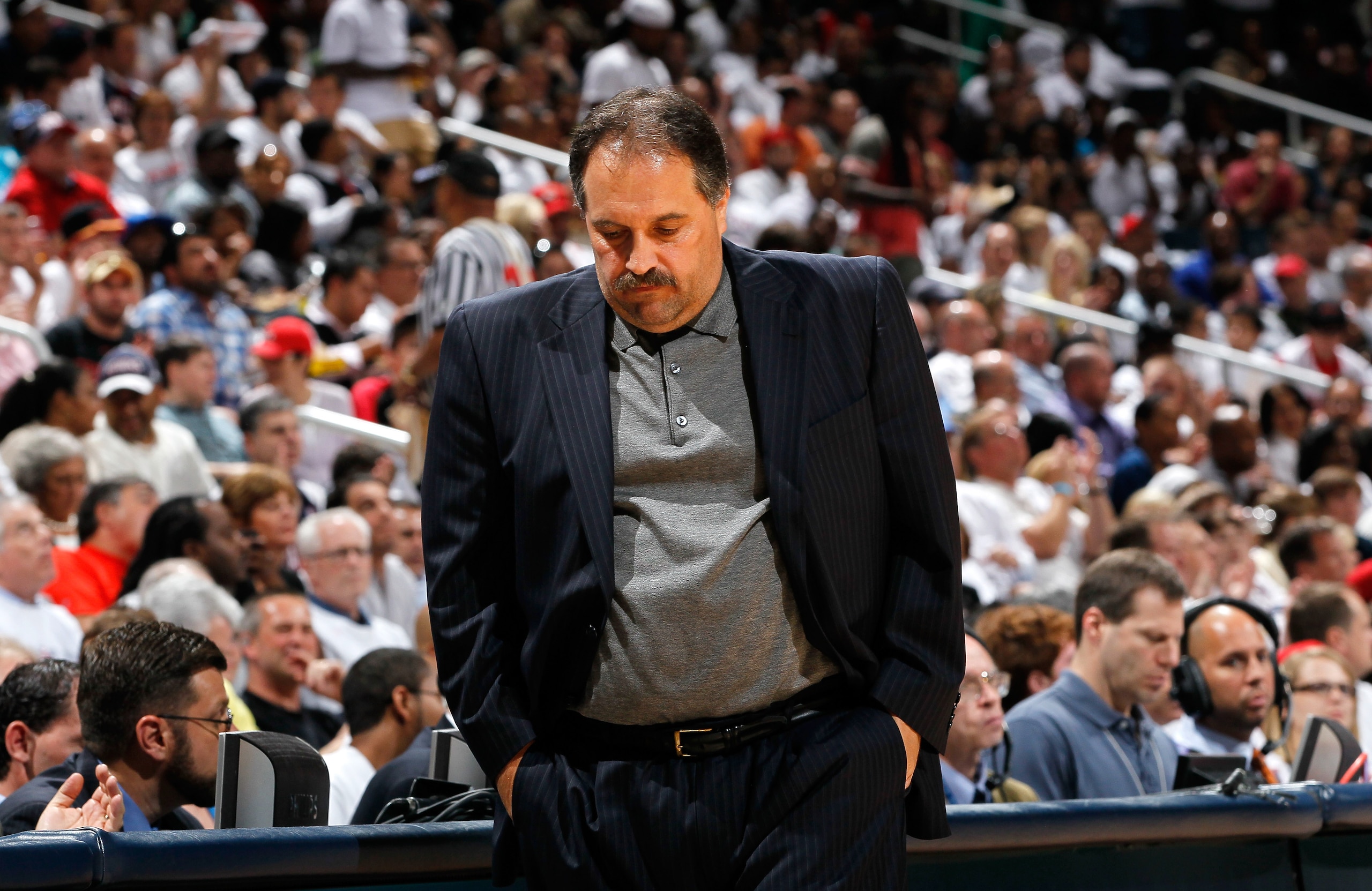 ATLANTA, GA - APRIL 28:  Stan Van Gundy of the Orlando Magic reacts after a missed basket during Game Six of the Eastern Conference Quarterfinals in the 2011 NBA Playoffs against the Atlanta Hawks at Philips Arena on April 28, 2011 in Atlanta, Georgia.  N
