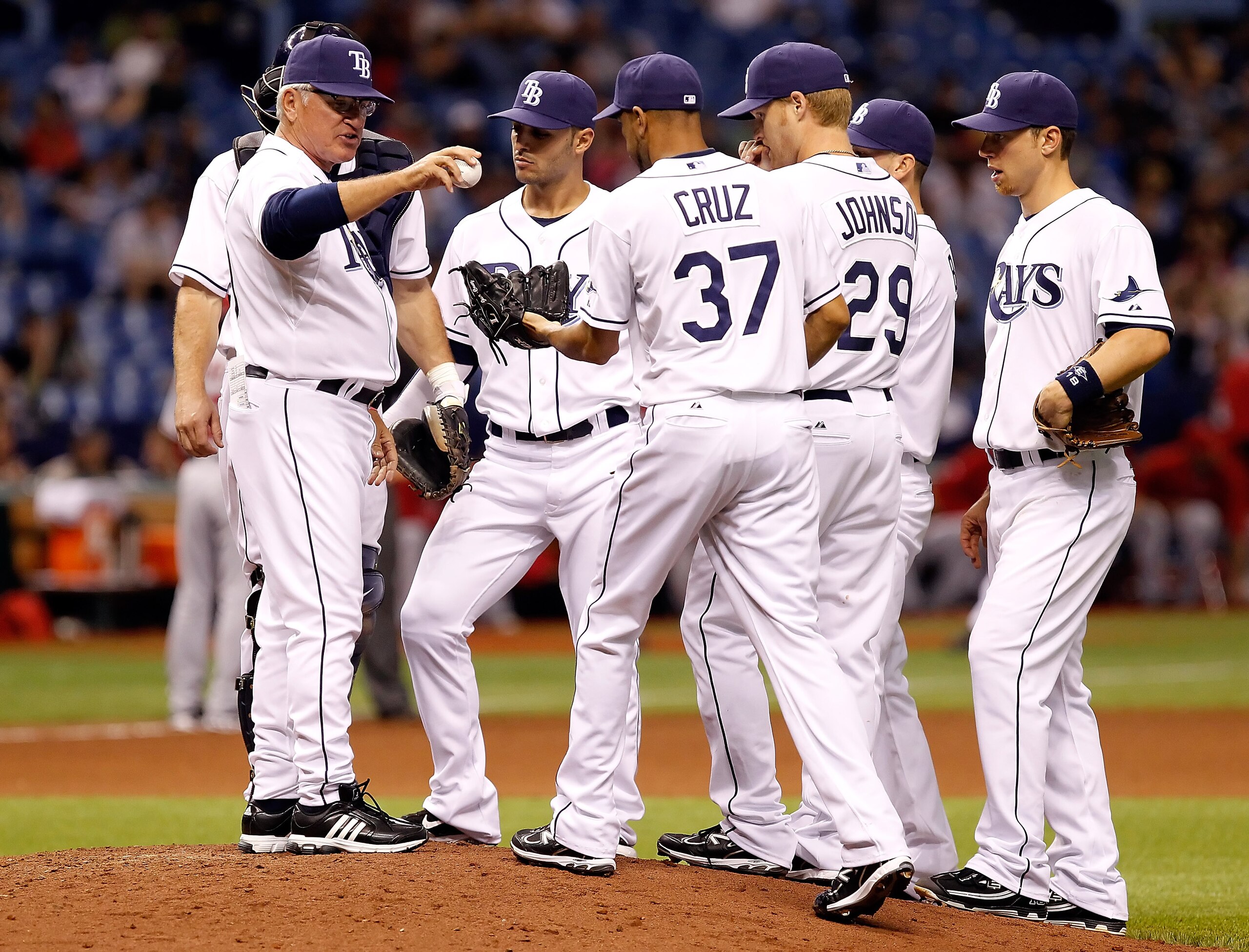 ST. PETERSBURG, FL - APRIL 05:  Manager Joe Maddon #70 of the Tampa Bay Rays inserts pitcher Juan Cruz #37 during the game against the Los Angeles Angels of Anaheim at Tropicana Field on April 5, 2011 in St. Petersburg, Florida.  (Photo by J. Meric/Getty