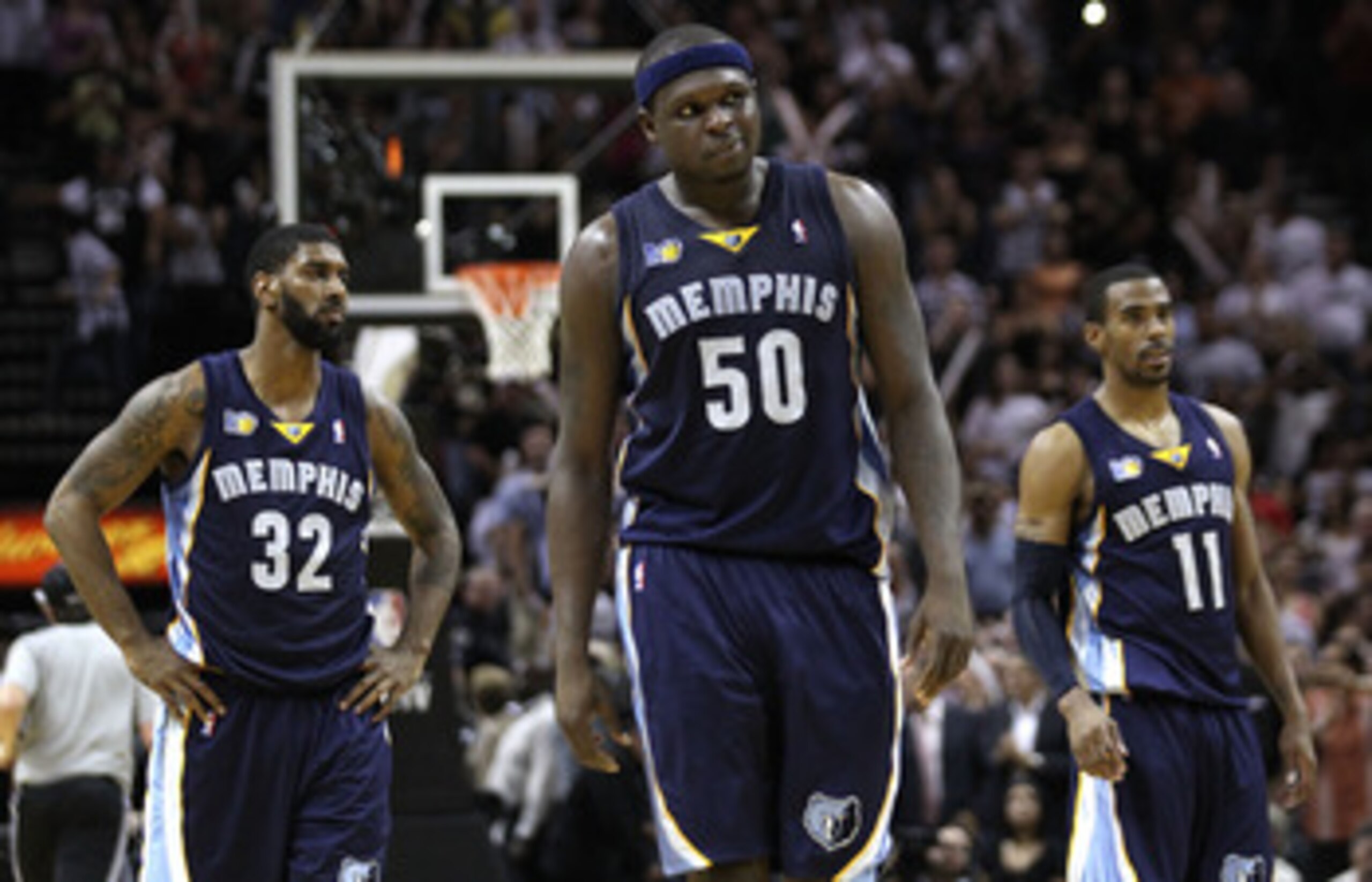 SAN ANTONIO, TX - APRIL 27:  Zach Randolph #50 of the Memphis Grizzlies looks on near the end of overtime against the San Antionio Spurs in Game Five of the Western Conference Quarterfinals in the 2011 NBA Playoffs on April 27, 2011 at AT&T Center in San