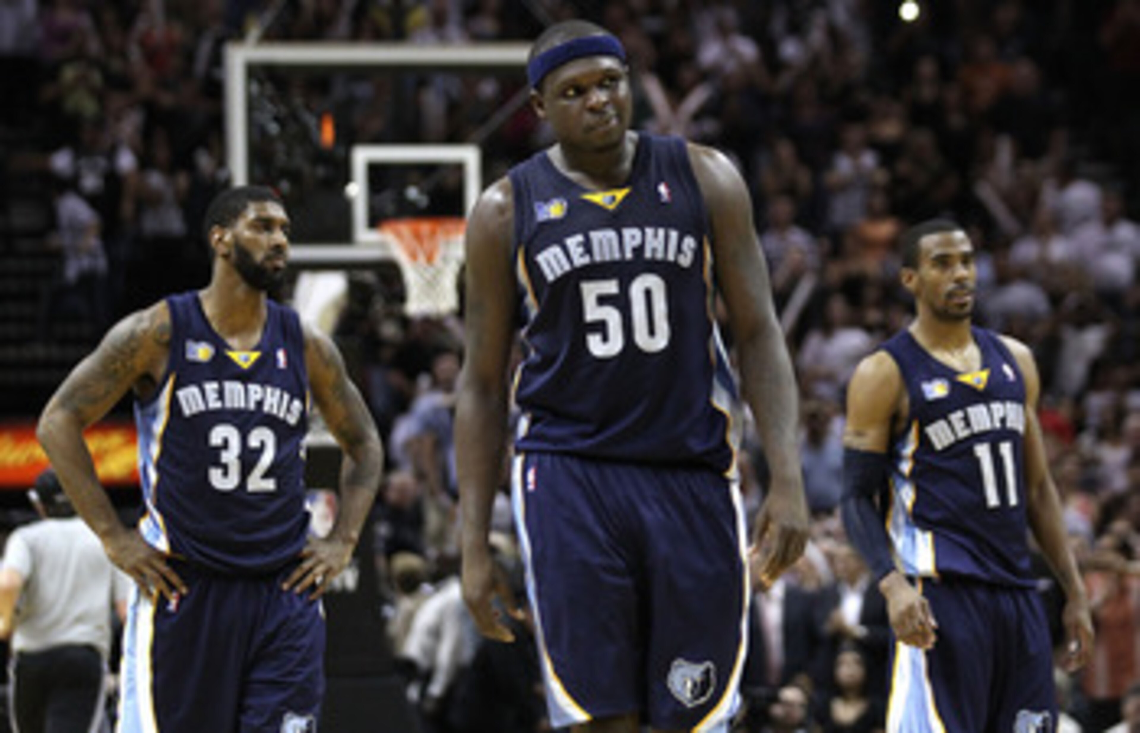 SAN ANTONIO, TX - APRIL 27:  Zach Randolph #50 of the Memphis Grizzlies looks on near the end of overtime against the San Antionio Spurs in Game Five of the Western Conference Quarterfinals in the 2011 NBA Playoffs on April 27, 2011 at AT&T Center in San