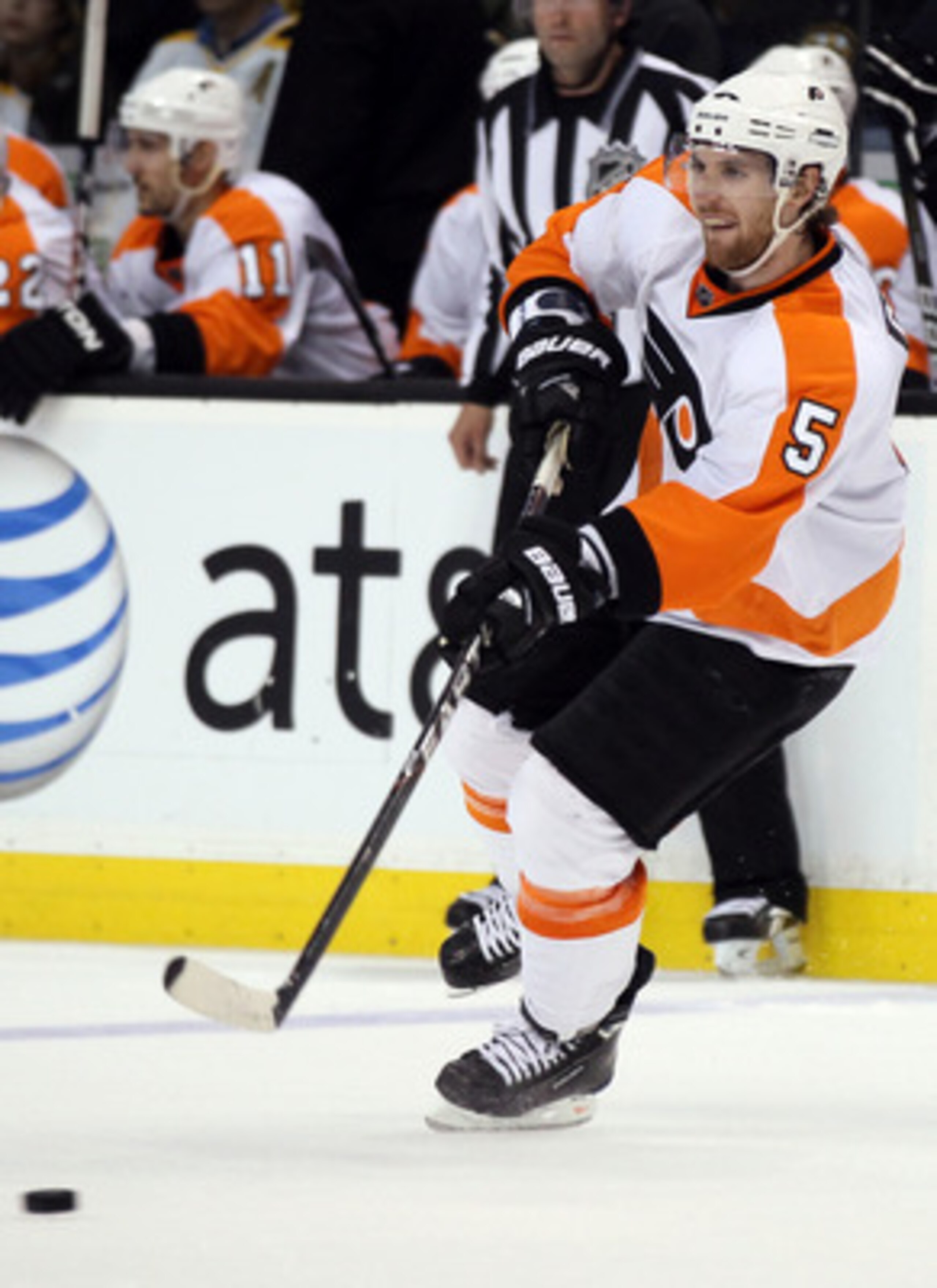 BOSTON, MA - MAY 06: Braydon Coburn #5 of the Philadelphia Flyers passes the puck against the Boston Bruins in Game Four of the Eastern Conference Semifinals during the 2011 NHL Stanley Cup Playoffs at TD Garden on May 6, 2011 in Boston, Massachusetts. Th