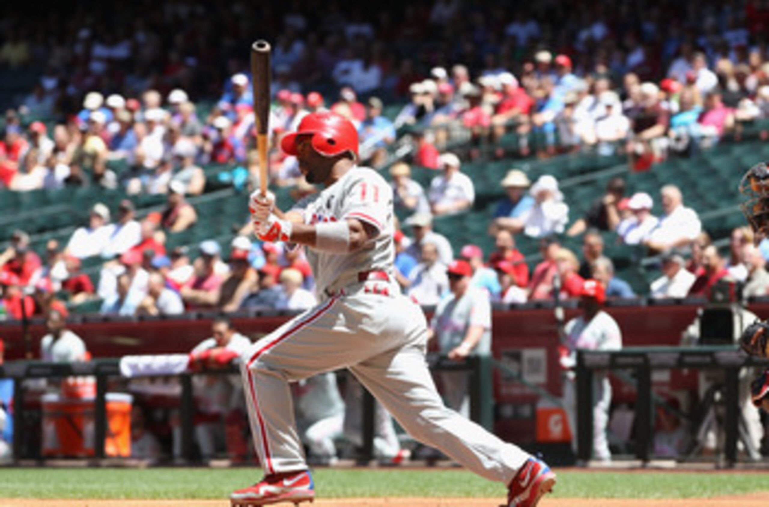 PHOENIX, AZ - APRIL 27:  Jimmy Rollins #11 of the Philadelphia Phillies bats against the Arizona Diamondbacks during the Major League Baseball game at Chase Field on April 27, 2011 in Phoenix, Arizona.  The Phillies defeated the Diamondbacks 8-4.  (Photo
