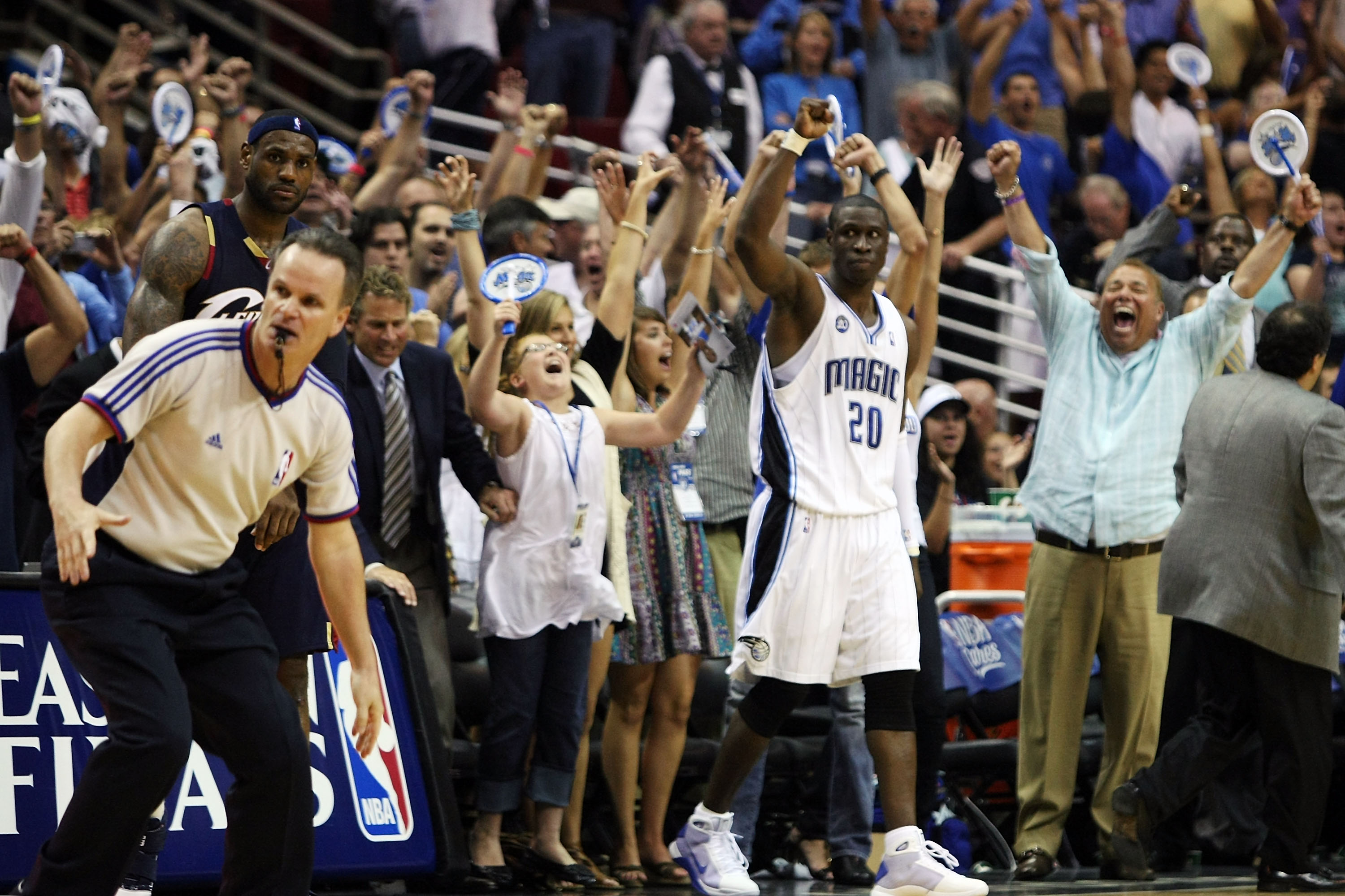 ORLANDO, FL - MAY 26:  Mickael Pietrus #20 of the Orlando Magic and fans celebrate their 116-114 victory over the Cleveland Cavaliers in Game Four of the Eastern Conference Finals during the 2009 NBA Playoffs at the Amway Arena on May 26, 2009 in Orlando,