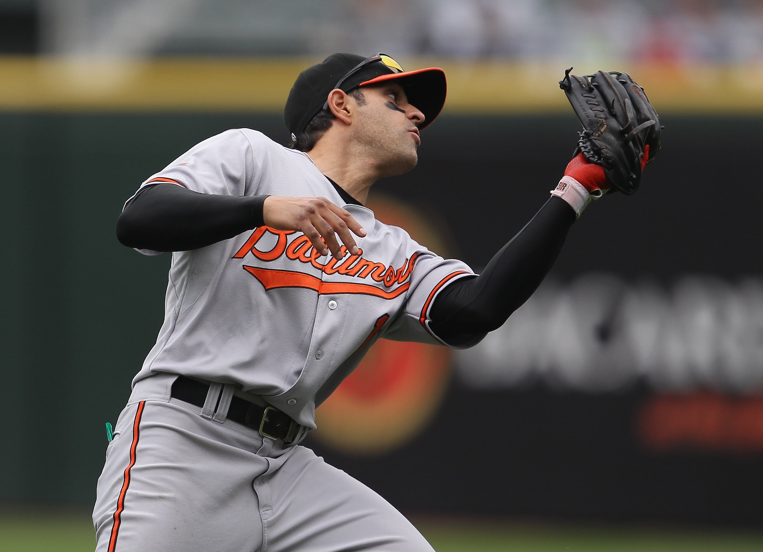 CHICAGO, IL - MAY 01: Brian Roberts #1 of the Baltimore Orioles catches a fly ball against the Chicago White Sox at U.S. Cellular Field on May 1, 2011 in Chicago, Illinois. The Orioles defeated the White Sox 6-4. (Photo by Jonathan Daniel/Getty Images)