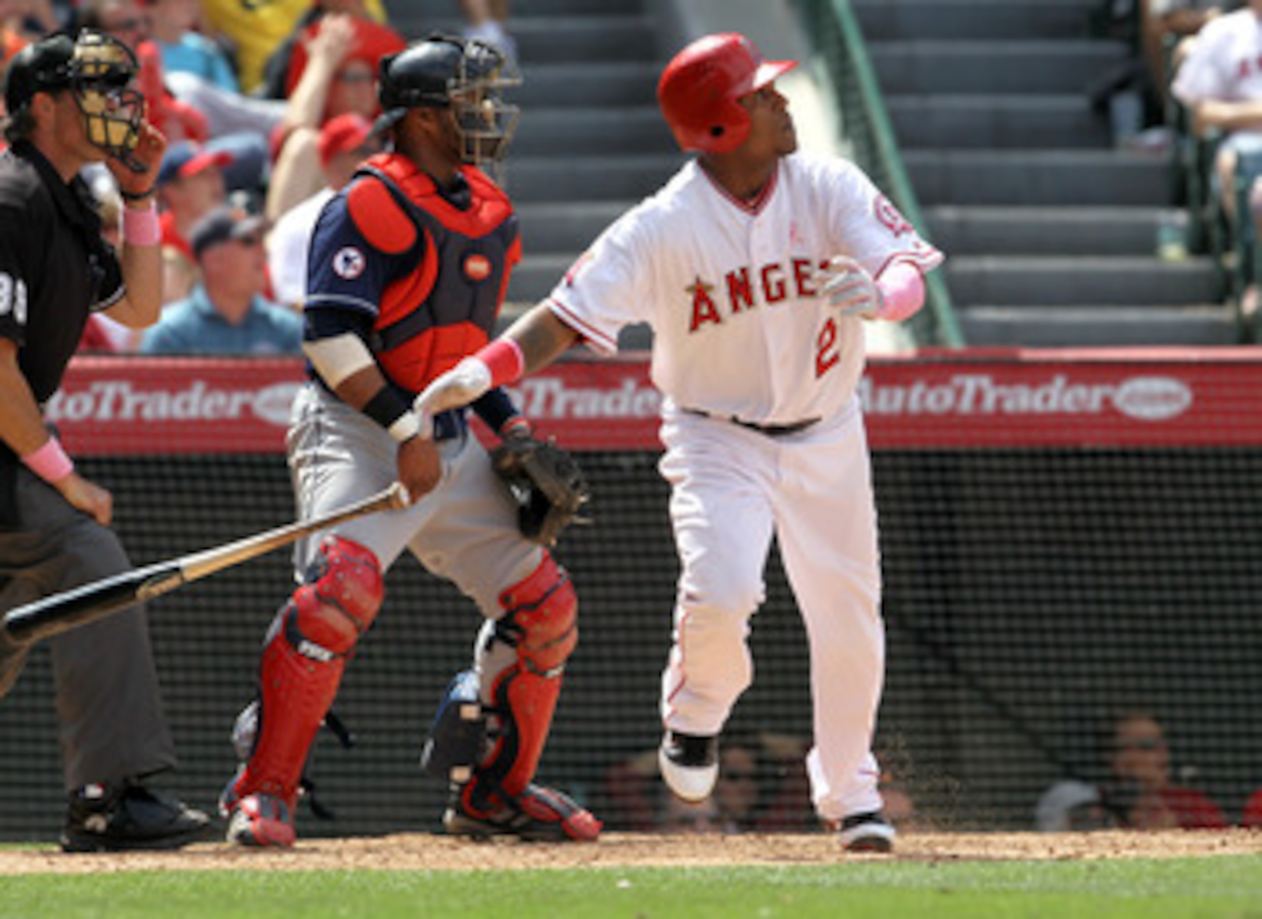 ANAHEIM, CA - MAY 08: Erick Aybar #2 of the Los Angeles Angels of Anaheim hits a two RBI double in the eighth inning to give the Angels the win over the Cleveland Indians on May 8, 2011 at Angel Stadium in Anaheim, California. The Angels won 6-5. (Photo ANAHEIM, CA - MAY 08: Erick Aybar #2 of the Los Angeles Angels of Anaheim hits a two RBI double in the eighth inning to give the Angels the win over the Cleveland Indians on May 8, 2011 at Angel Stadium in Anaheim, California. The Angels won 6-5. (Photo