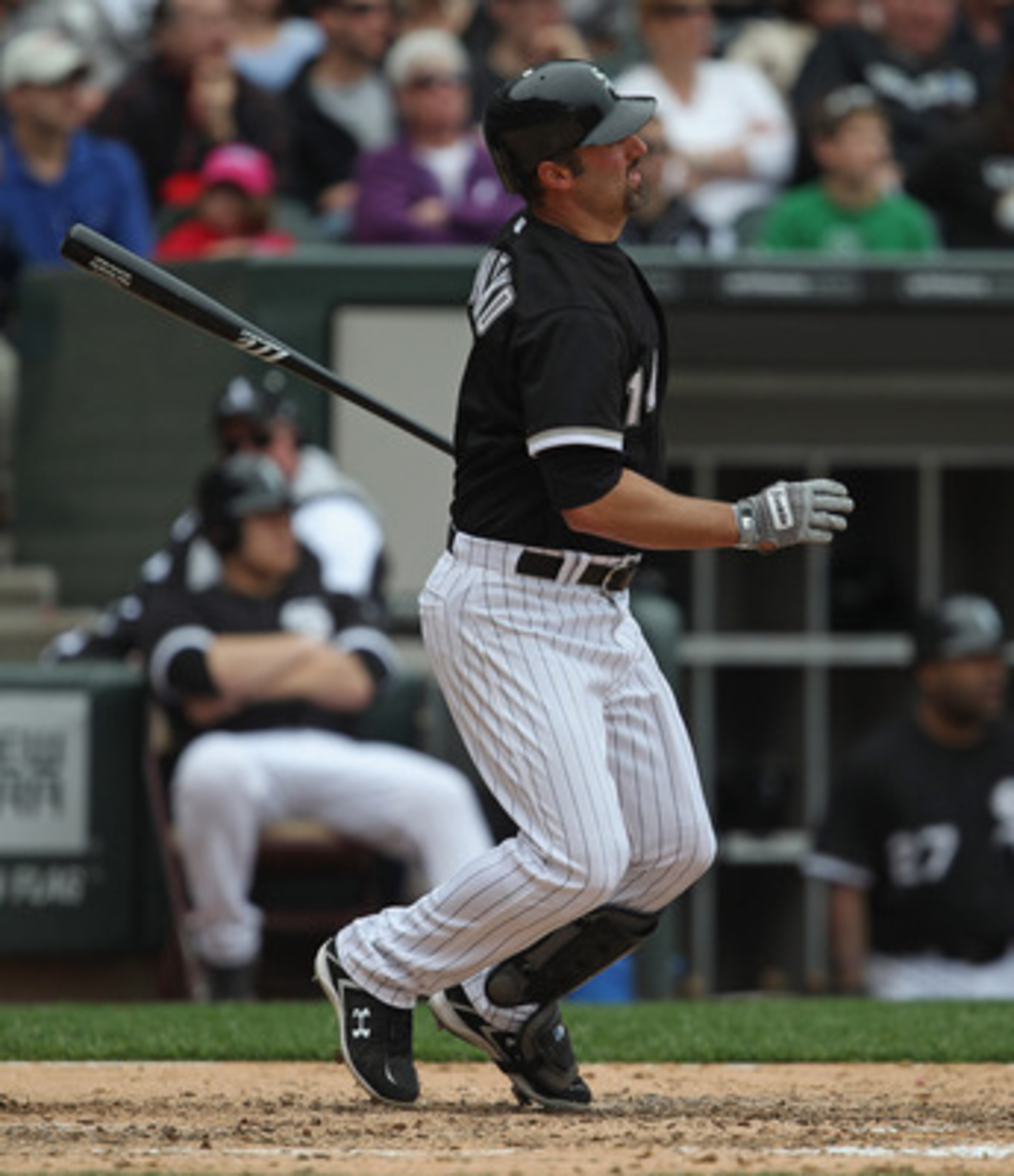 CHICAGO, IL - MAY 01: Paul Konerko #14 of the Chicago White Sox hits the ball against the Baltimore Orioles at U.S. Cellular Field on May 1, 2011 in Chicago, Illinois. The Orioles defeated the White Sox 6-4. (Photo by Jonathan Daniel/Getty Images)