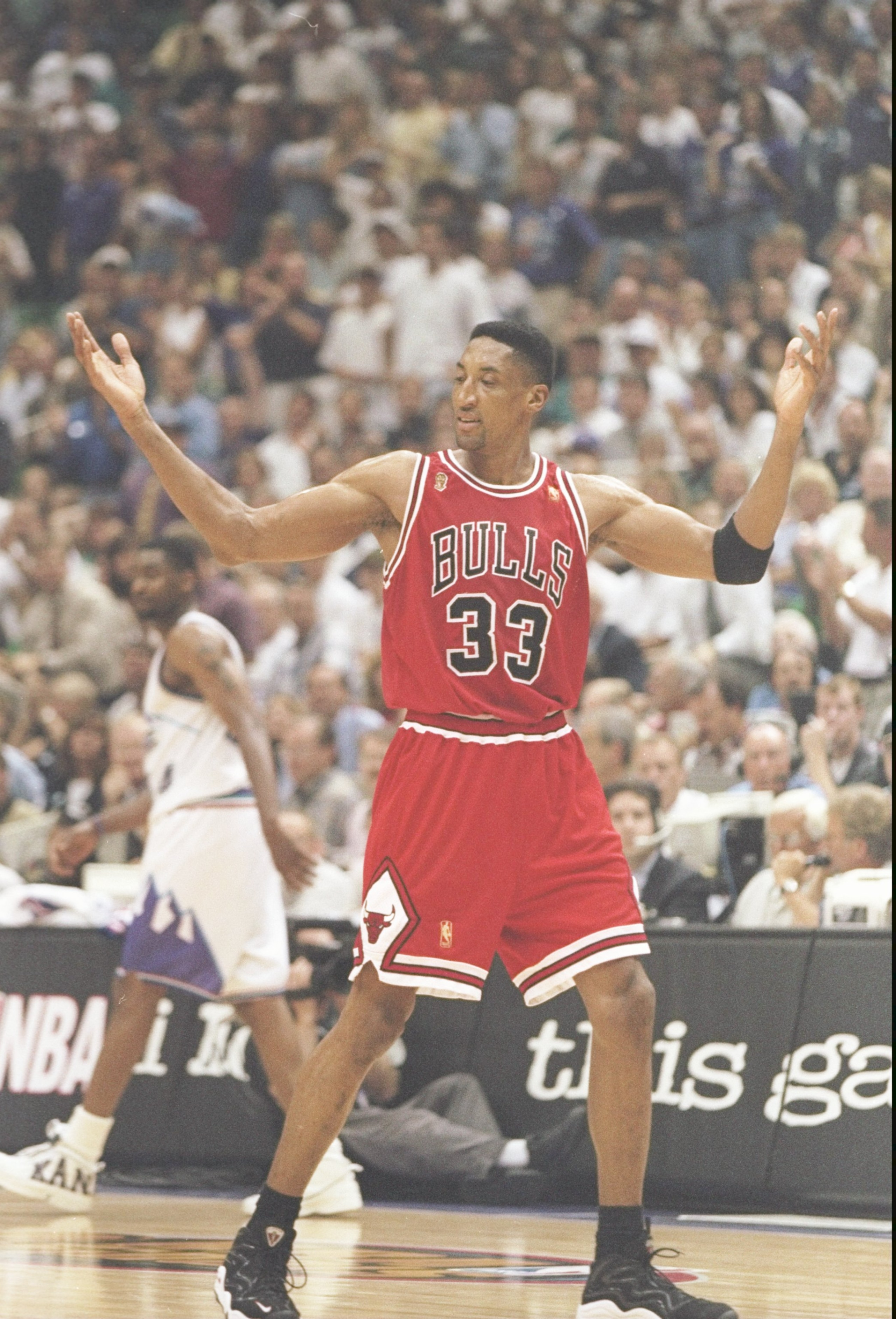 11 Jun 1997:  Guard Scottie Pippen of the Chicago Bulls stands on the court during a playoff game against the Utah Jazz at the Delta Center in Salt Lake City, Utah.  The Bulls won the game 90-88. Mandatory Credit: Brian Bahr  /Allsport