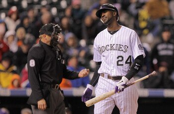 DENVER, CO - APRIL 29:  Dexter Fowler #24 of the Colorado Rockies reacts after striking out in the eighth inning against pitcher Chris Resop of the Pittsburgh Pirates at Coors Field on April 29, 2011 in Denver, Colorado. The Pirates defeated the Rockies 3