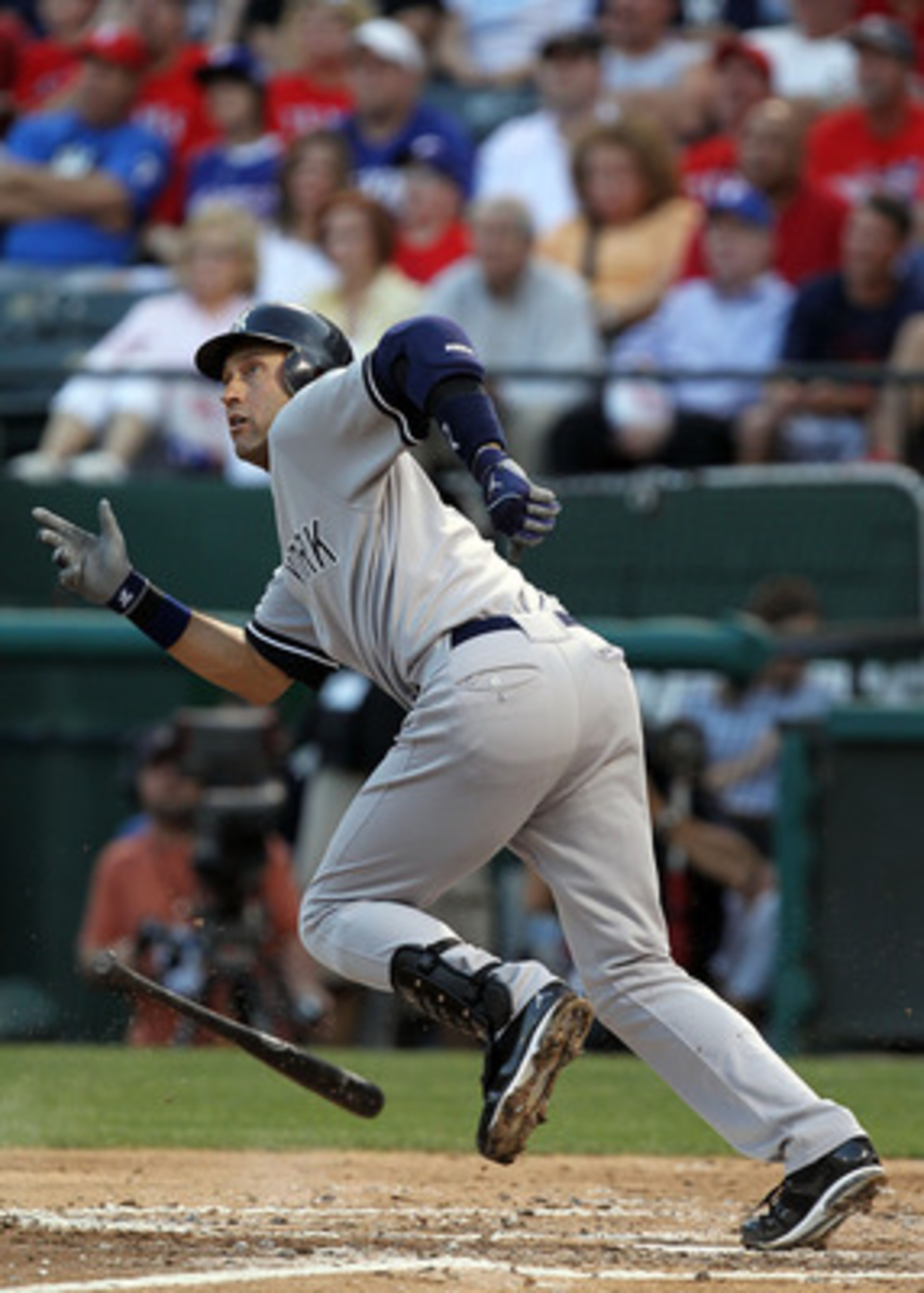 ARLINGTON, TX - MAY 07: Derek Jeter #2 of the New York Yankees hits a double against the Texas Rangers in the third inning at Rangers Ballpark in Arlington on May 7, 2011 in Arlington, Texas. (Photo by Ronald Martinez/Getty Images) ARLINGTON, TX - MAY 07: Derek Jeter #2 of the New York Yankees hits a double against the Texas Rangers in the third inning at Rangers Ballpark in Arlington on May 7, 2011 in Arlington, Texas. (Photo by Ronald Martinez/Getty Images)
