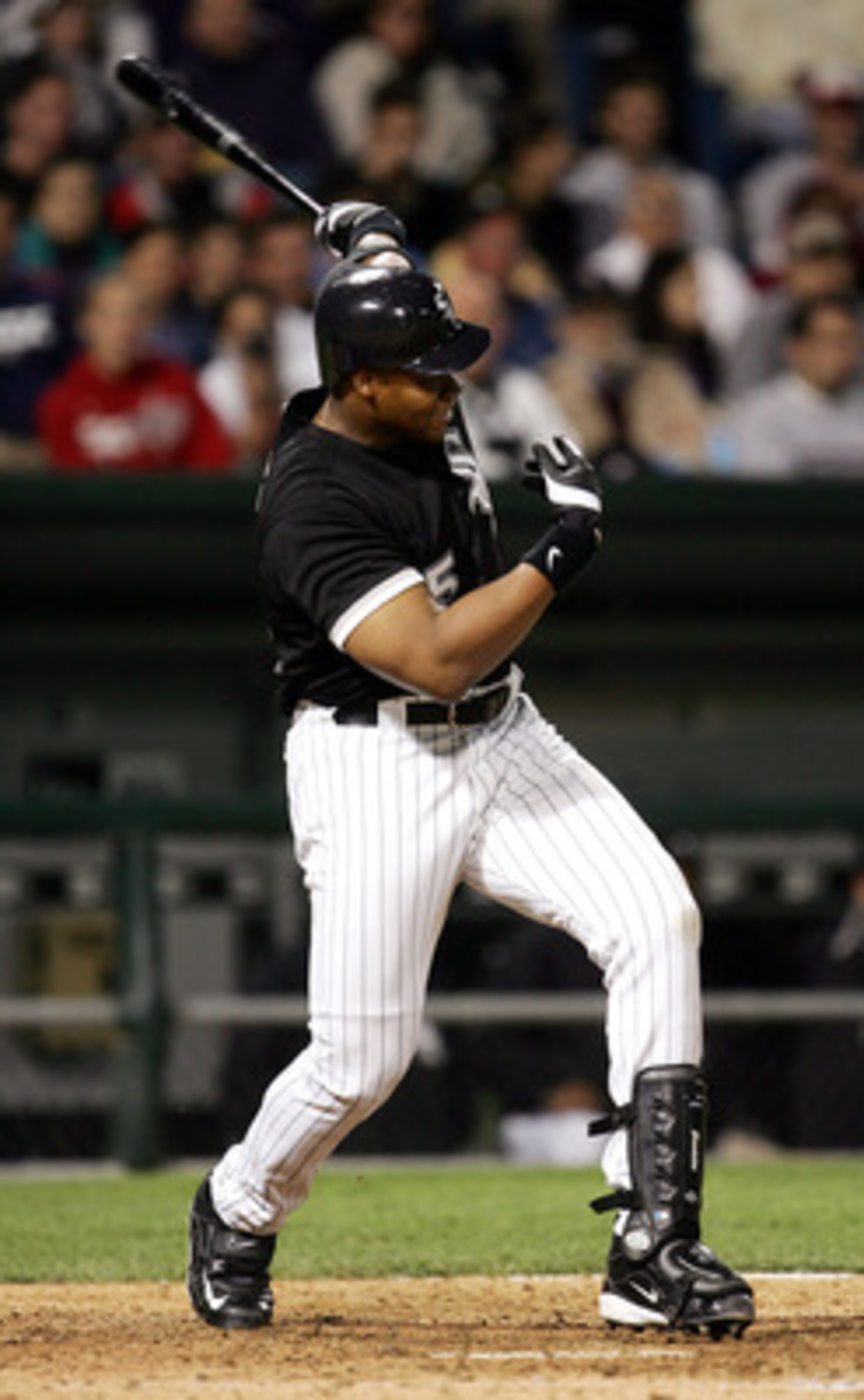 CHICAGO - JUNE 17: Frank Thomas #35 of the Chicago White Sox hits a two-run home run, his fifth home run of the season, in the seventh inning against the Los Angeles Dodgers on June 17, 2005 at U.S. Cellular Field in Chicago, Illinois. The White Sox defe CHICAGO - JUNE 17: Frank Thomas #35 of the Chicago White Sox hits a two-run home run, his fifth home run of the season, in the seventh inning against the Los Angeles Dodgers on June 17, 2005 at U.S. Cellular Field in Chicago, Illinois. The White Sox defe