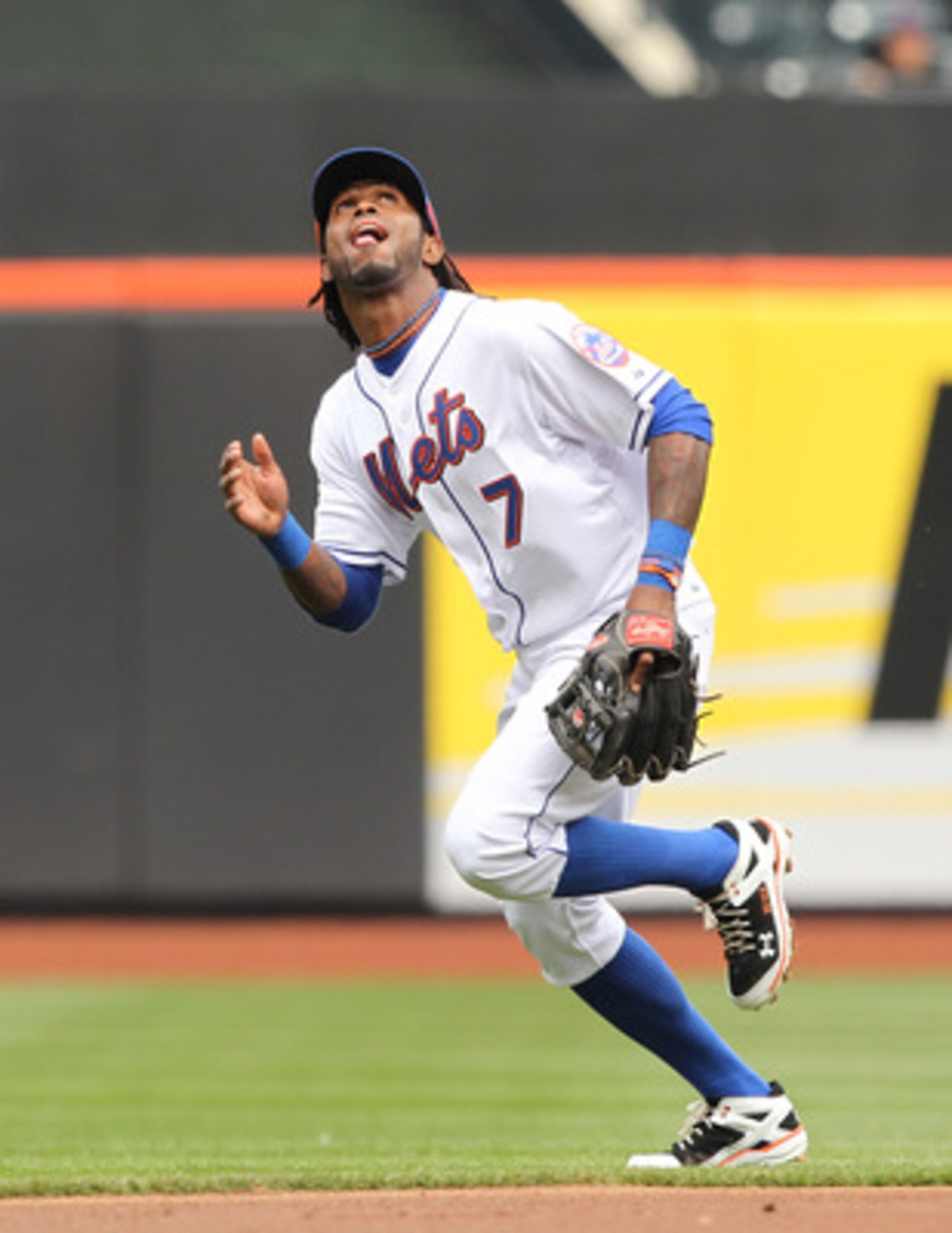 NEW YORK, NY - APRIL 10:  Jose Reyes #7 of the New York Mets in action against the Washington Nationals during their game on April 10, 2011 at Citi Field in the Flushing neighborhood of the Queens borough of New York City.  (Photo by Al Bello/Getty Images