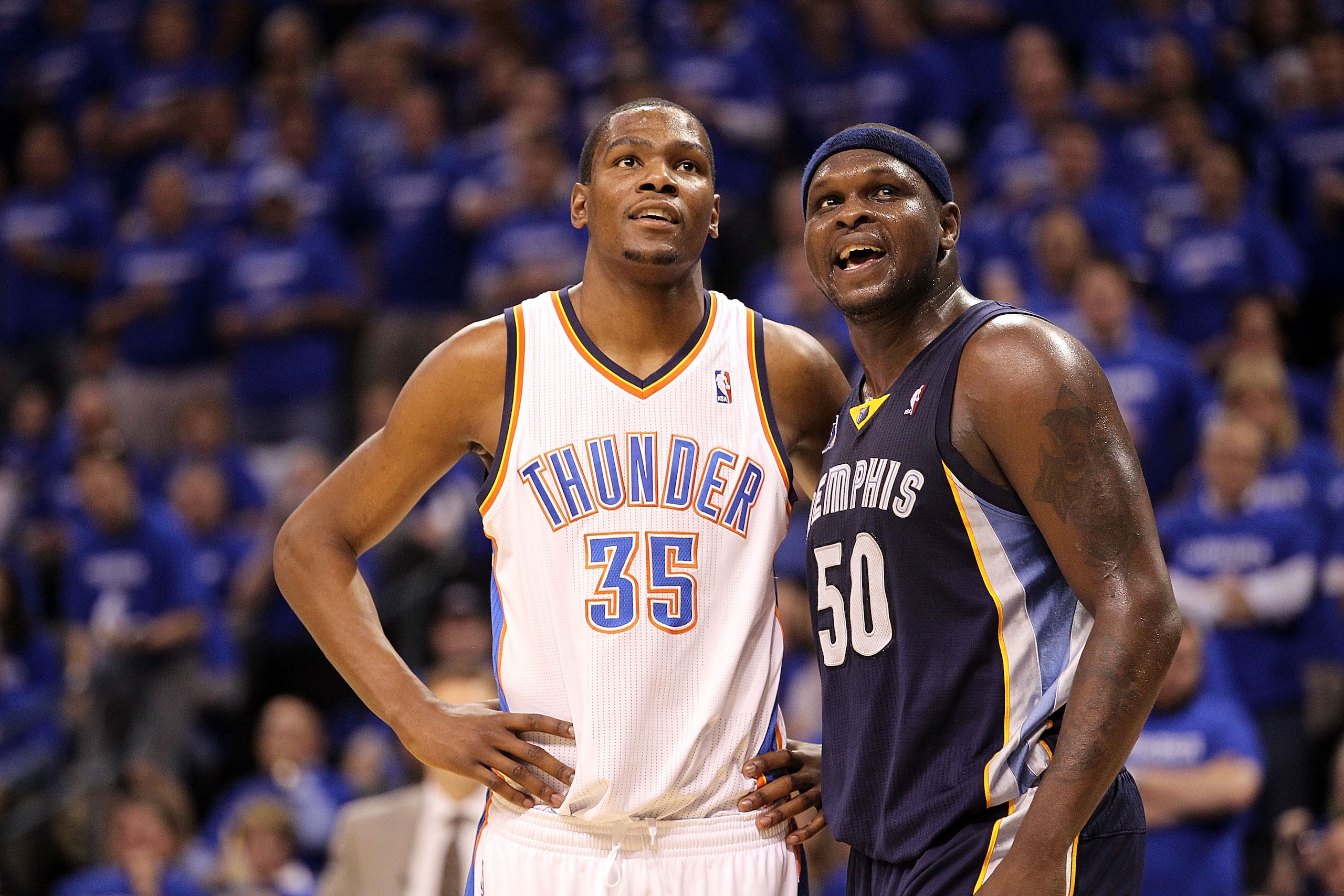 OKLAHOMA CITY, OK - MAY 03:  Forward Kevin Durant #35 of the Oklahoma City Thunder and Zach Randolph #50 of the Memphis Grizzlies in Game Two of the Western Conference Semifinals in the 2011 NBA Playoffs on May 3, 2011 at Oklahoma City Arena in Oklahoma C
